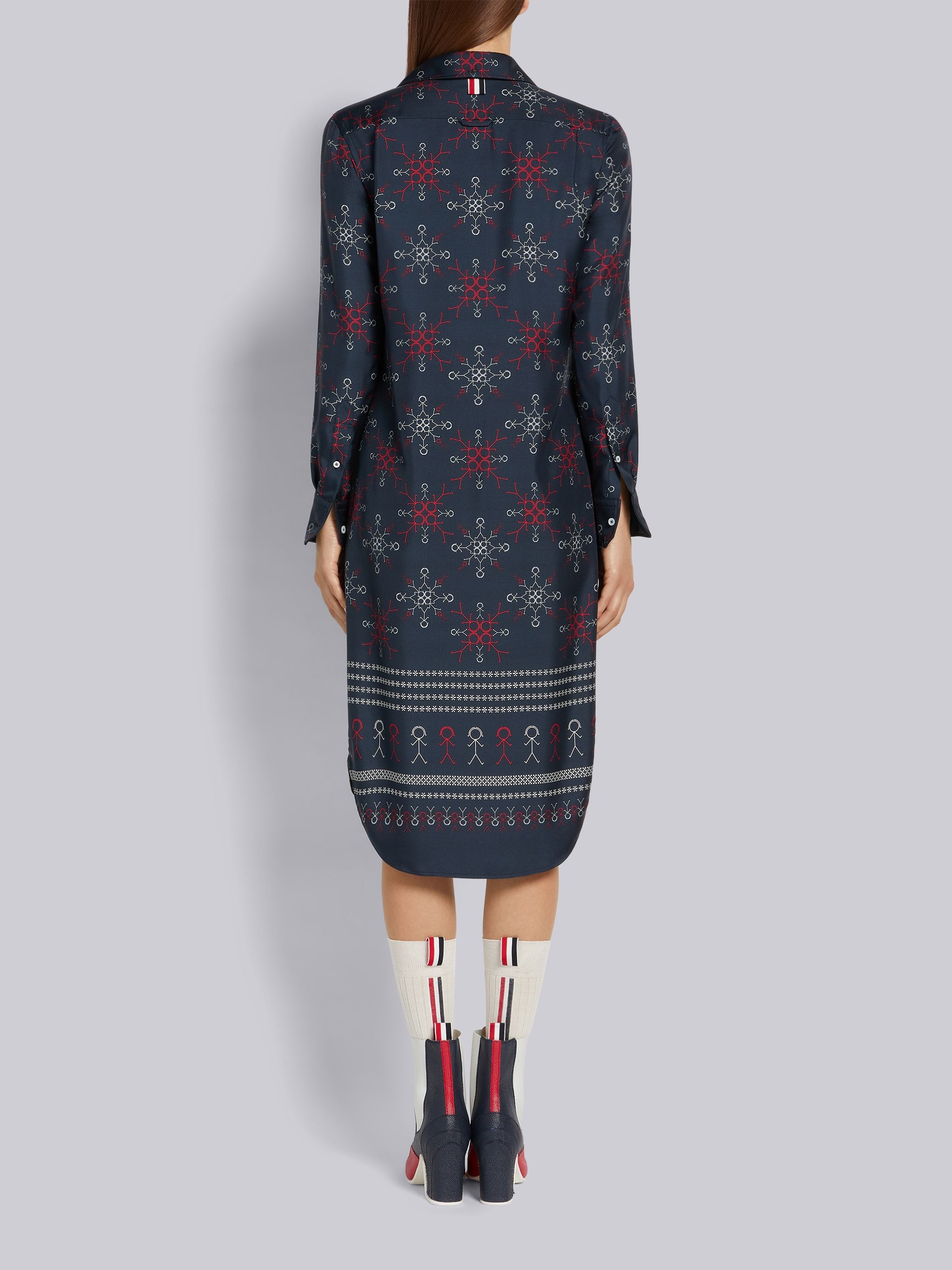 Multicolor Silk Twill Mrs. Thom Falling Snowflake Print Knee Length Round Collar Shirtdress - 3