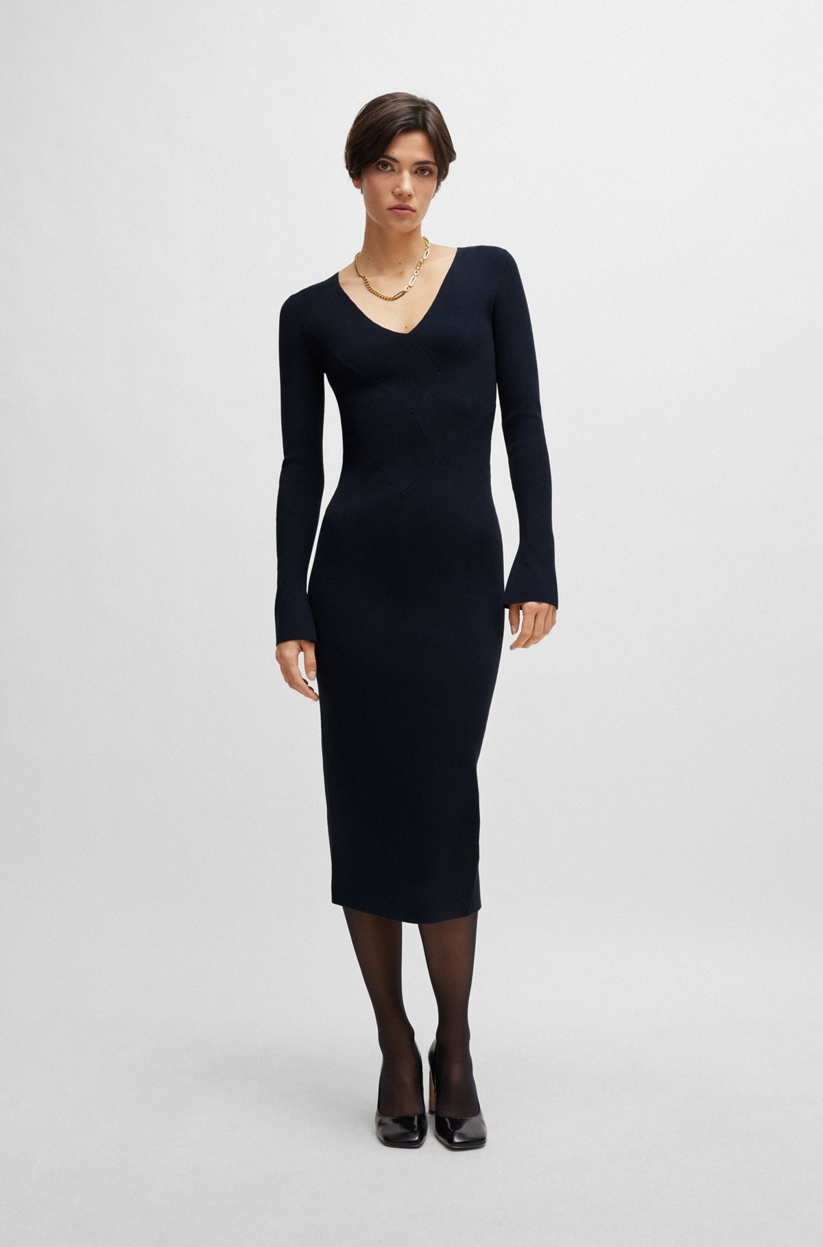LONG-SLEEVED KNITTED DRESS WITH RIBBED STRUCTURE AND V NECKLINE - 2