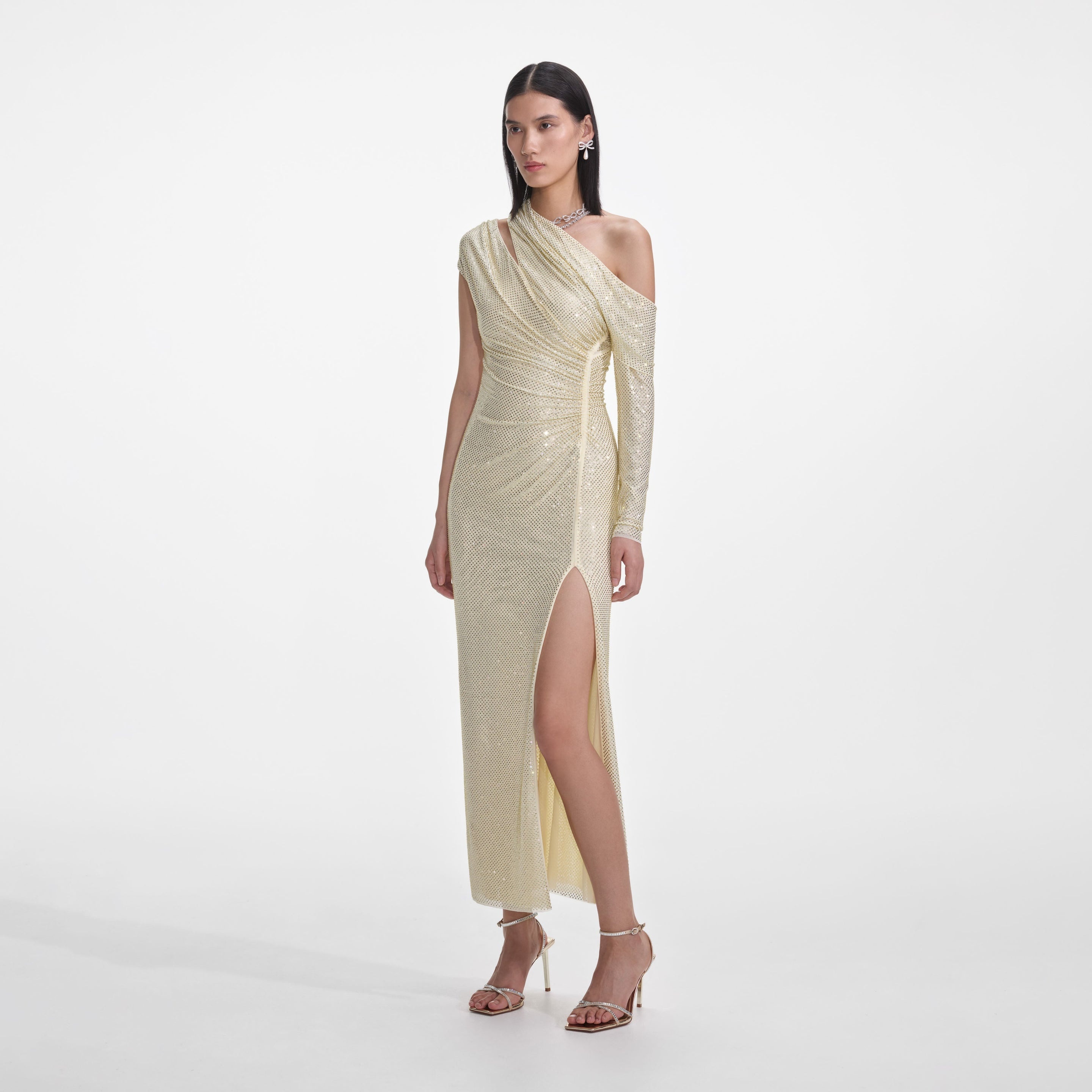 Yellow Rhinestone Gathered Midi Dress - 2