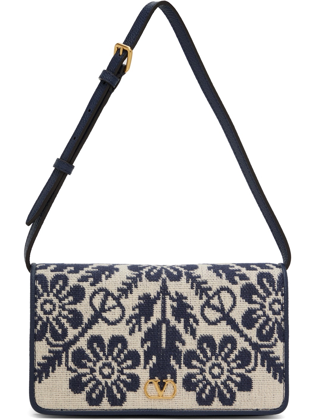 Beige & Navy VLogo Signature Jacquard Flowers Bag - 1