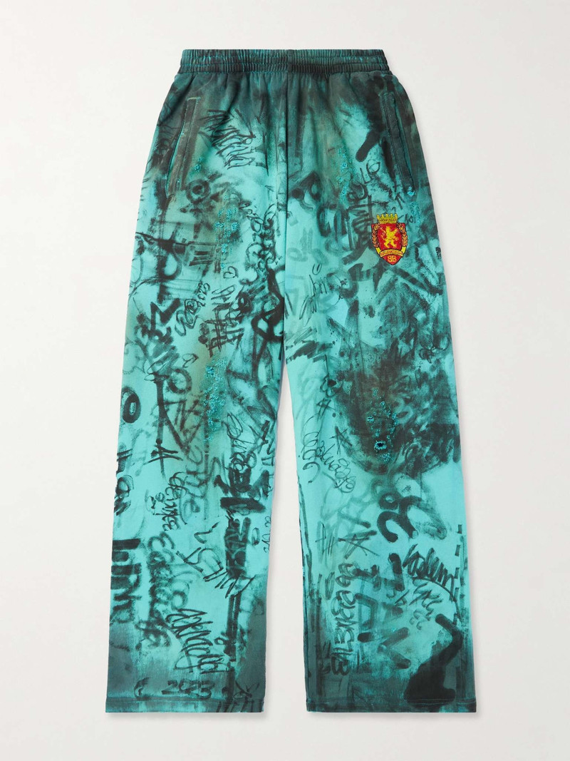 Wide-Leg Logo-Embroidered Distressed Printed Cotton-Jersey Sweatpants 1