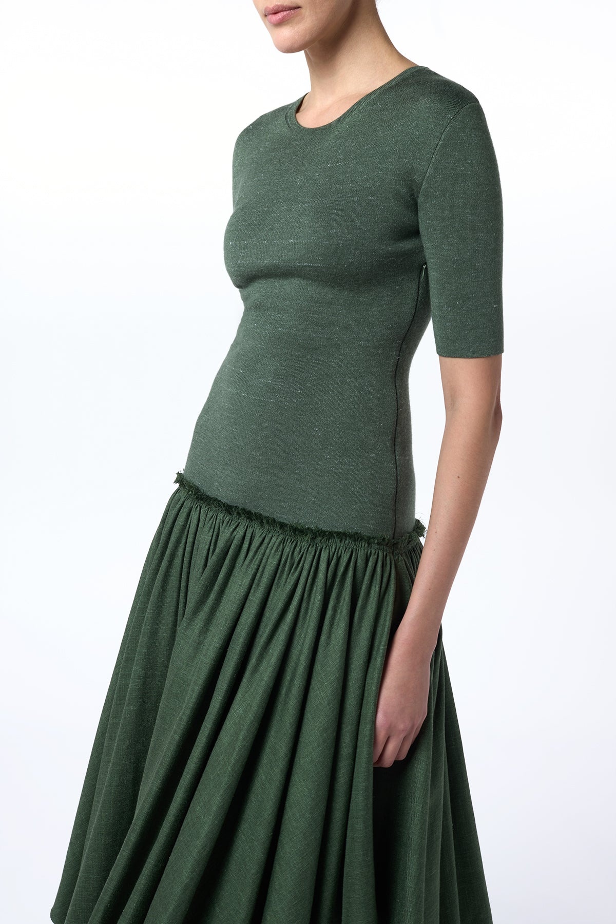 Sirona Pleated Maxi Dress in Olive Virgin Wool Silk with Linen - 3