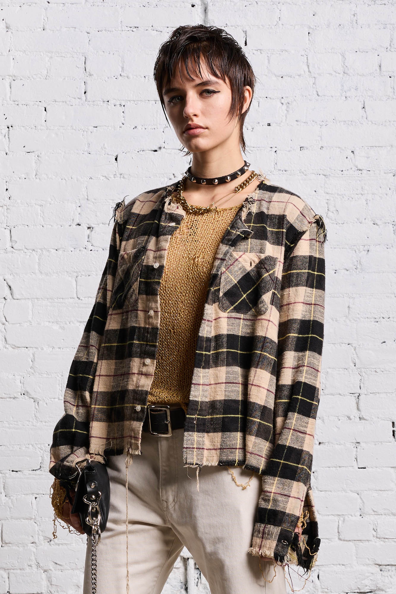 SHREDDED CREWNECK SHIRT - BLEACHED BEIGE PLAID - 2
