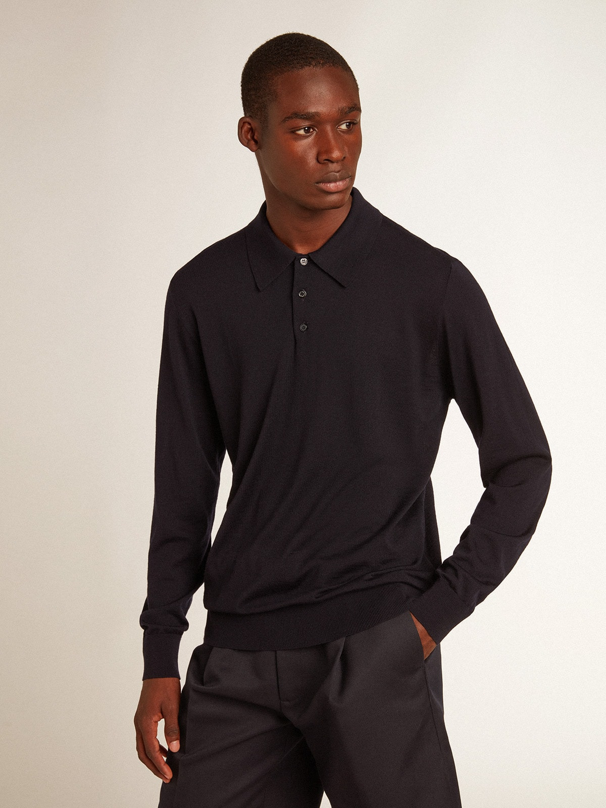 Men’s long-sleeved polo shirt in navy-blue merino wool - 5