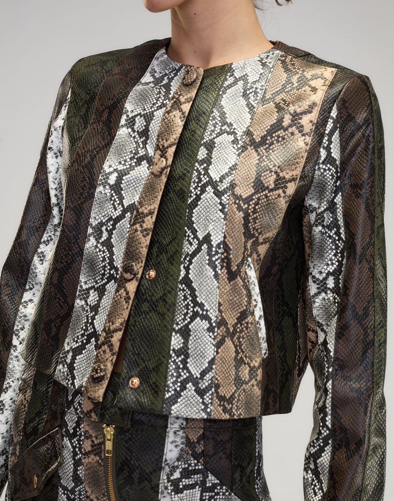 Snake-Embossed Vegan Leather Cropped Jacket - 4