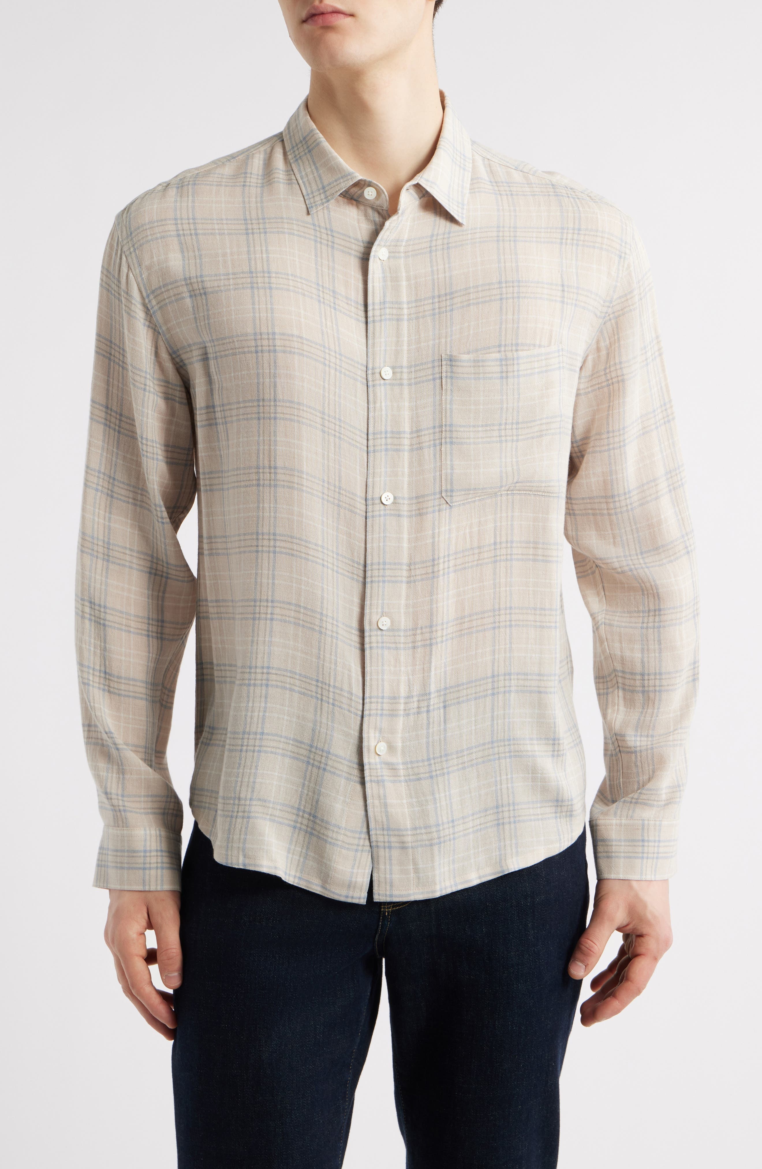FRAME Plaid Cotton & Wool Button-Up Shirt in Cream Plaid at Nordstrom - 1