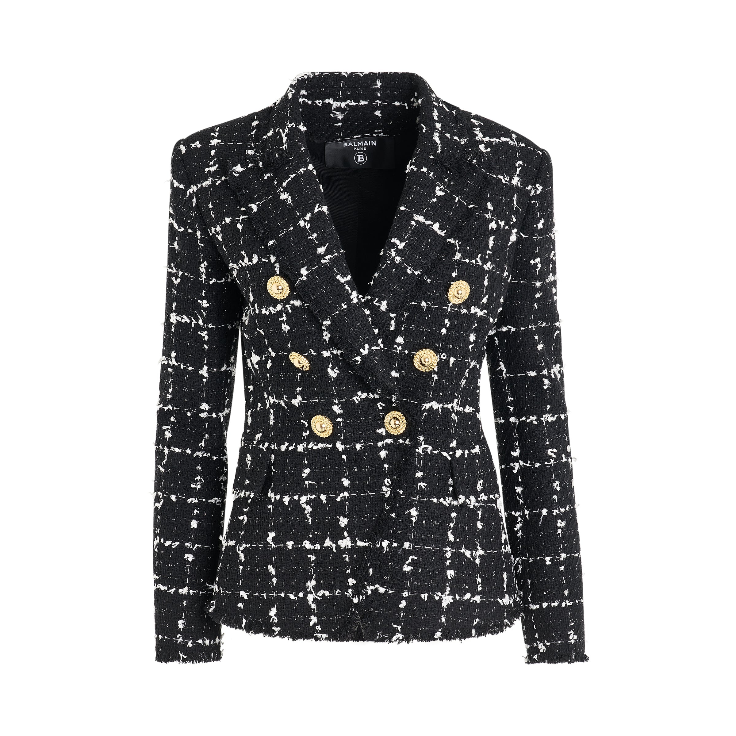 6 Button Double Breasted Tweed Jacket in Black/White/Silver - 1