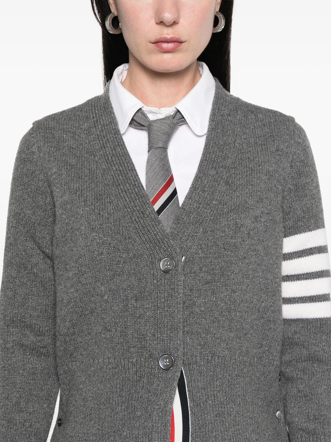 Fine Merino Intarsia Geese 4-Bar V Neck Cardigan Women - 5