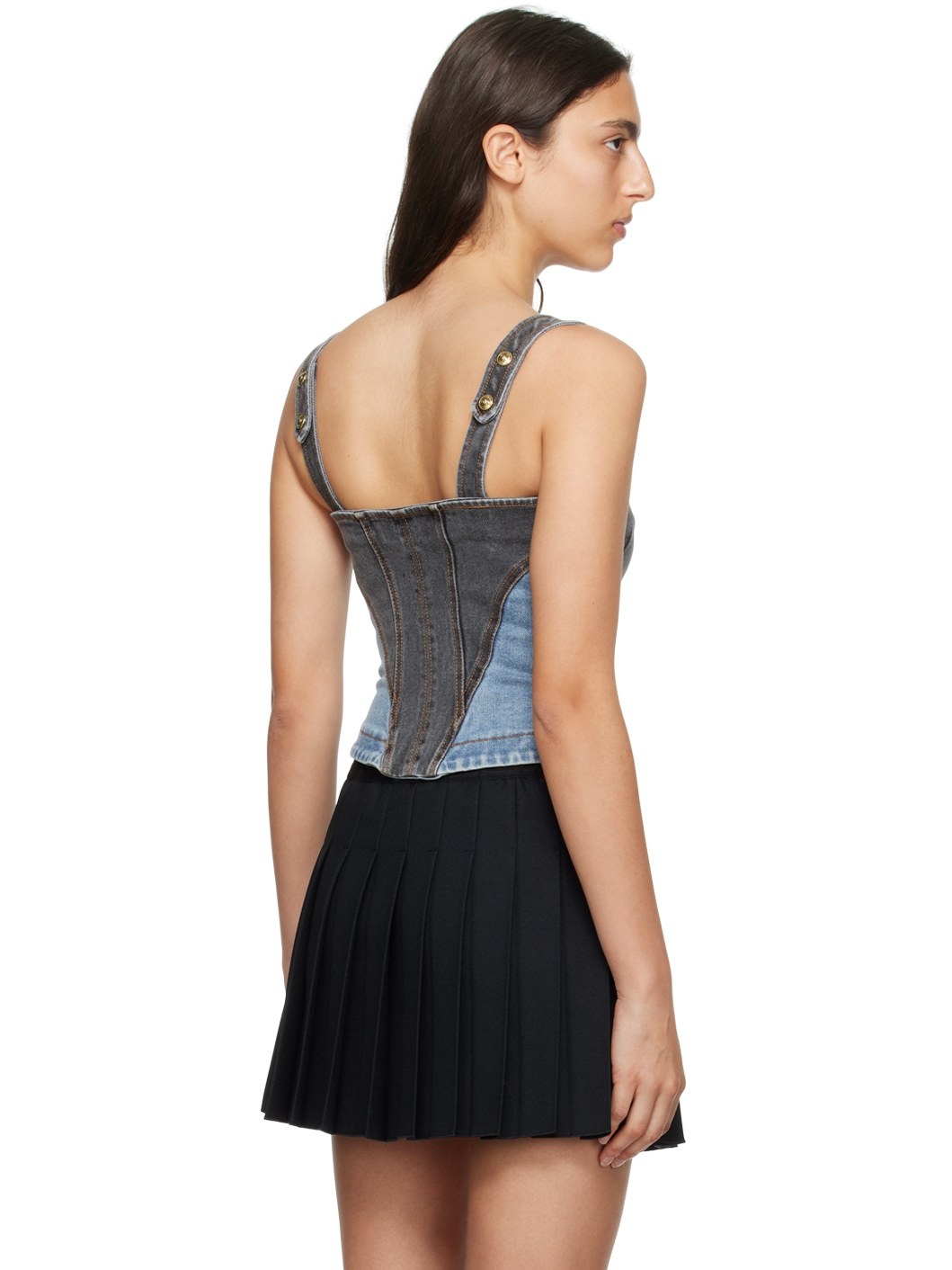 Black Paneled Denim Tank Top - 3