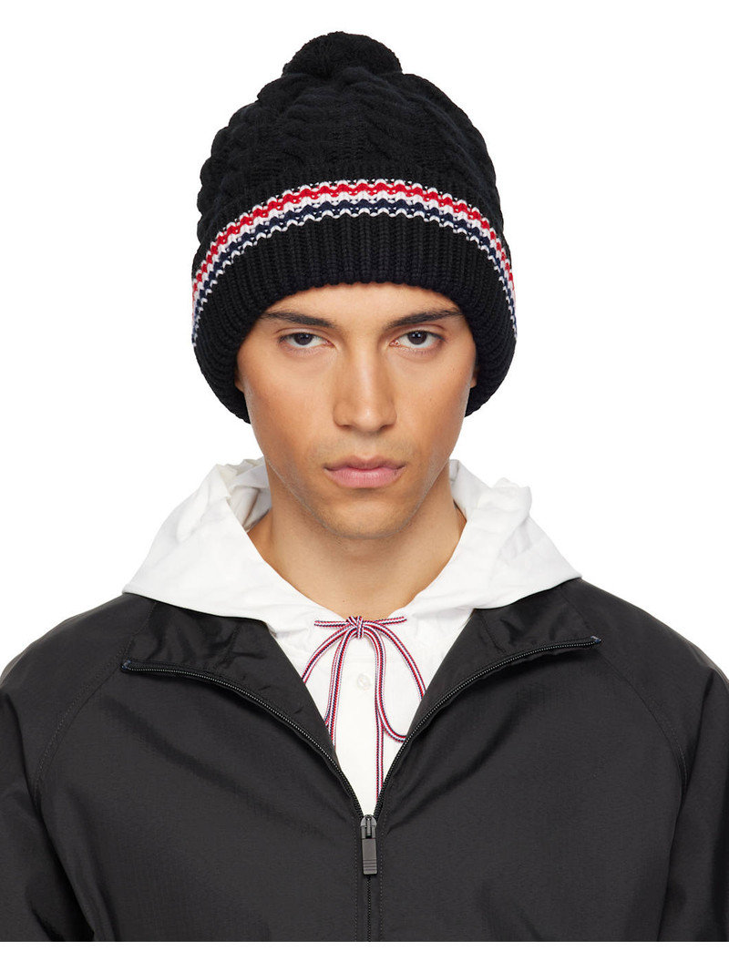 Black Cashmere Baby Cable Stitch Pom Pom Beanie 1