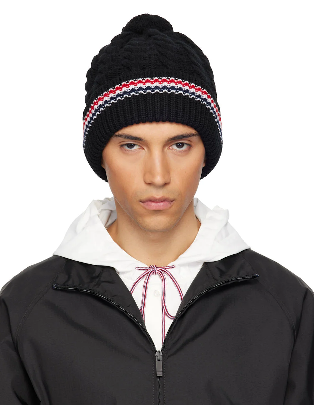 Black Cashmere Baby Cable Stitch Pom Pom Beanie - 1