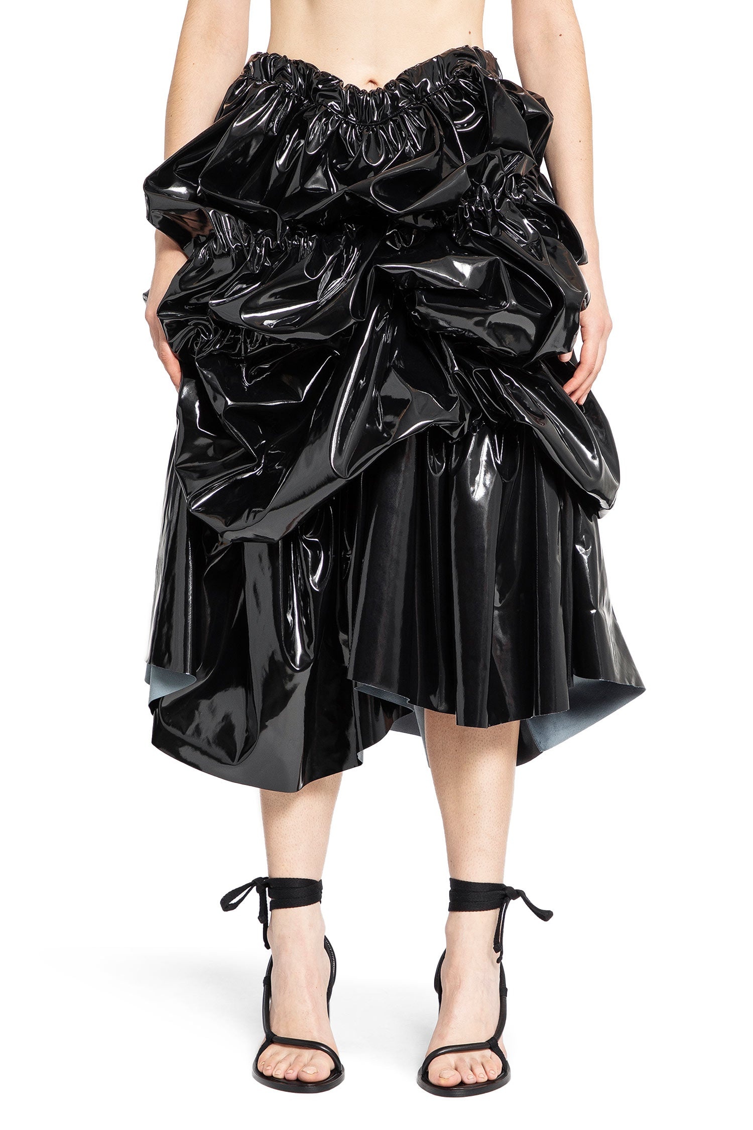 Shiny-Faux-Leather-Draped-Midi-Skirt - 1