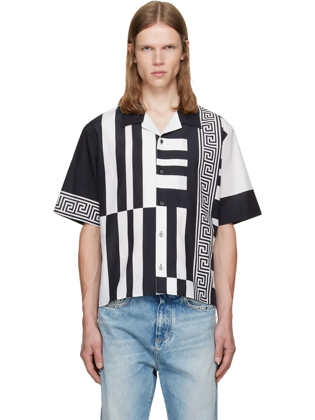 Black & White Printed Cotton Silk Shirt - 1