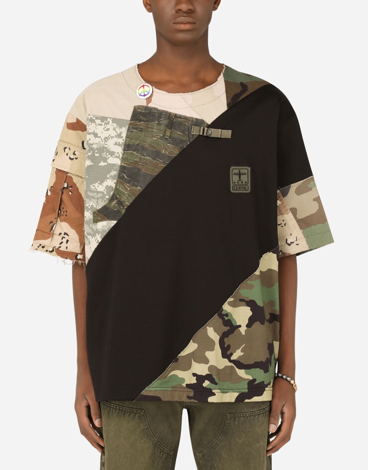 Cotton T-shirt with camouflage patchwork - 1