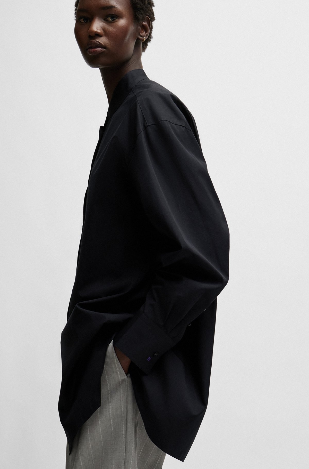 NAOMI X BOSS LONGLINE COTTON BLOUSE WITH CRINKLE-FREE EFFECT - 6
