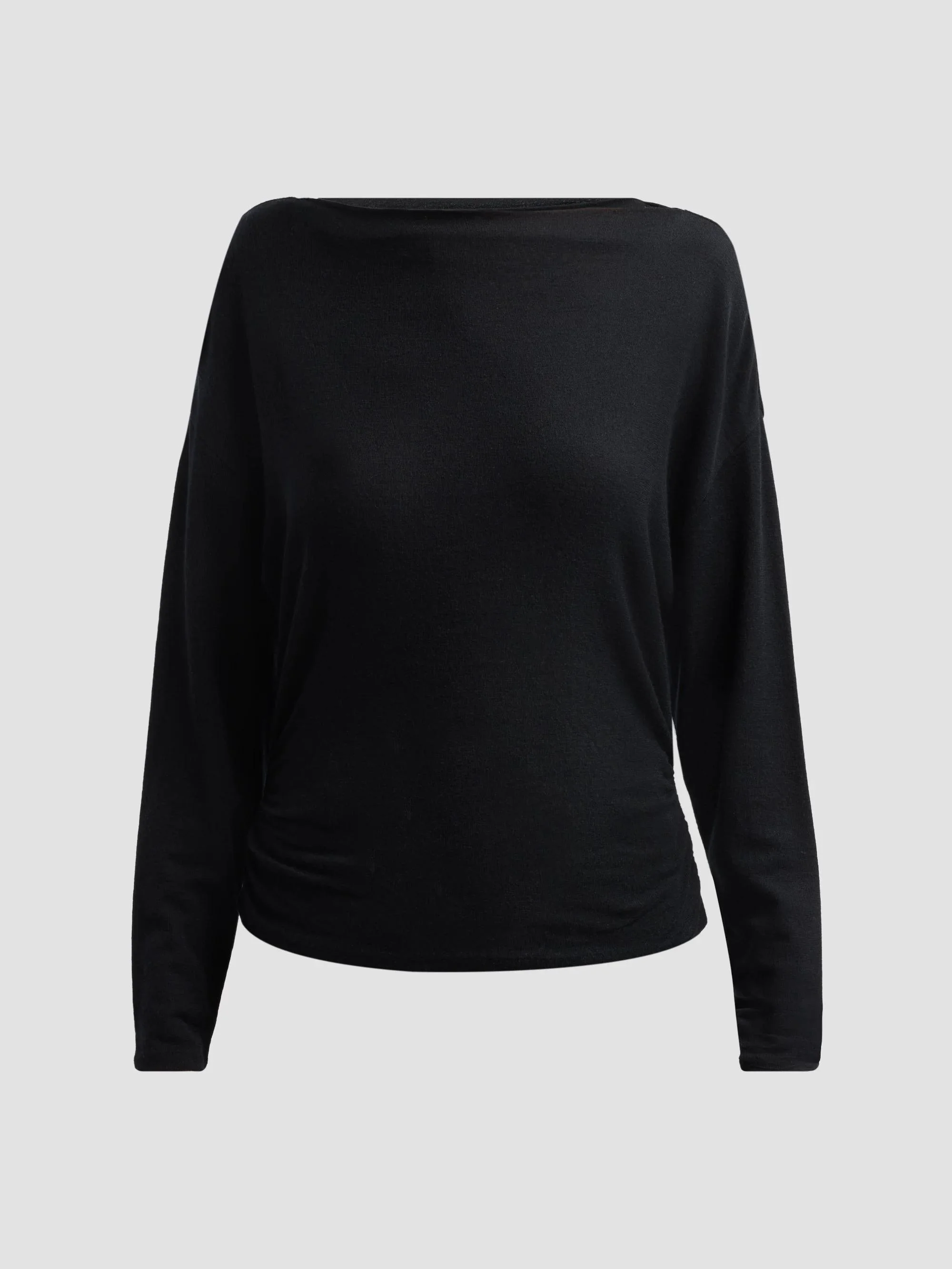 Women's Ruched Wool-Blend Long-Sleeve Top - Black - 1