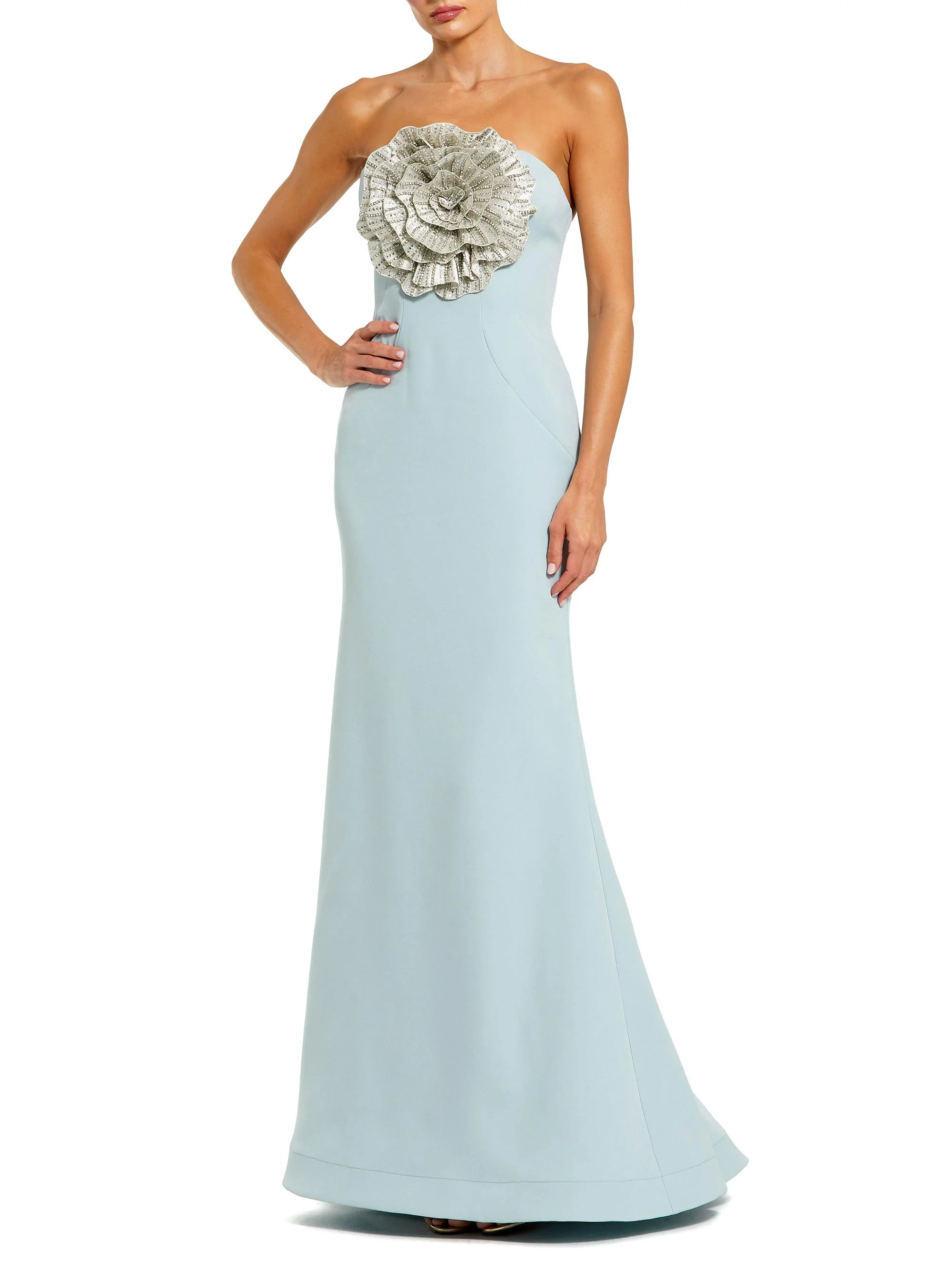Women's Crêpe 3D Rhinestone Flower Strapless Gown - Powder Blue - 1