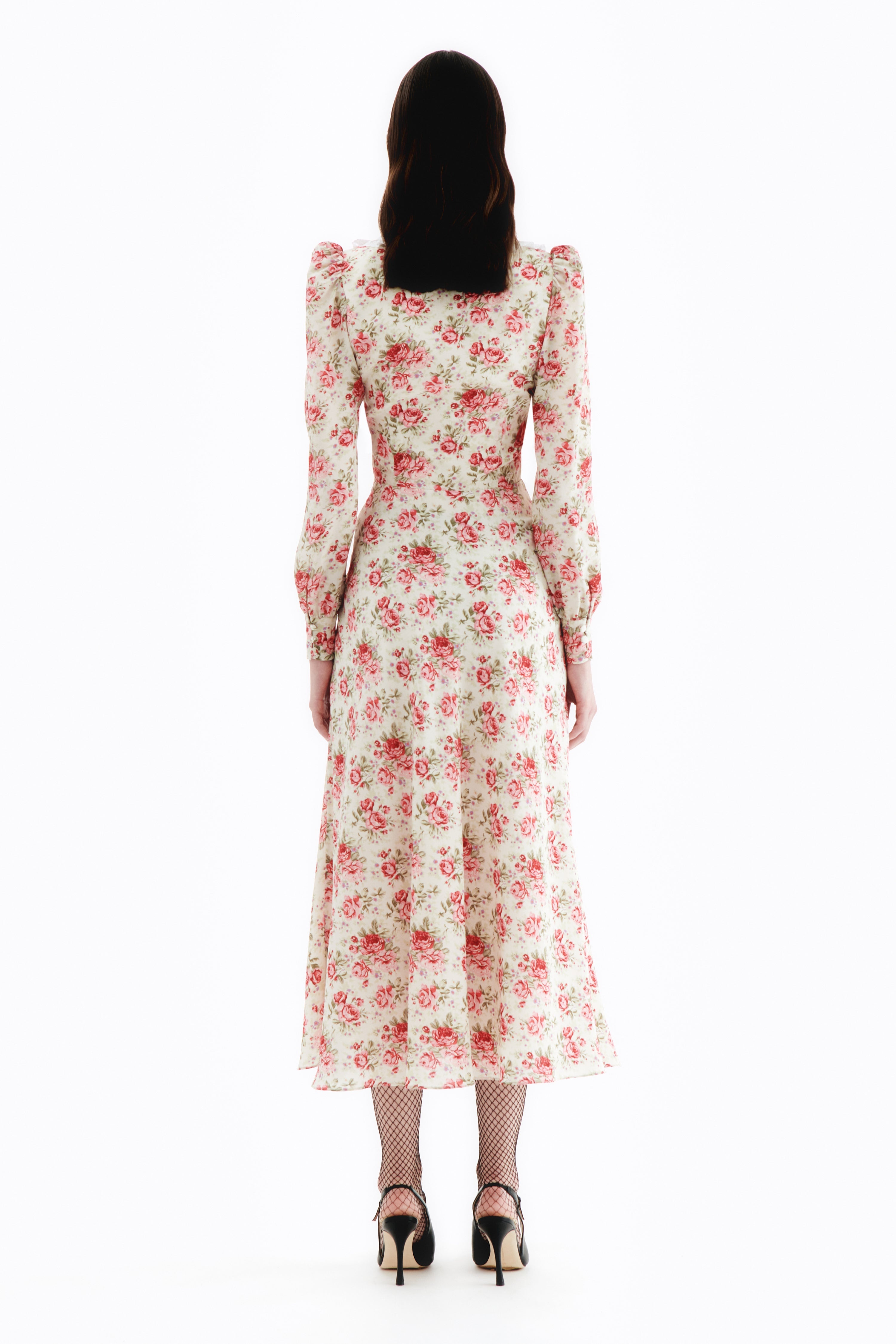 送料関税込【Alessandra Rich】ドレス Alessandra Rich ROSE PRINT SILK DRESS WITH COLLAR | REVERSIBLE