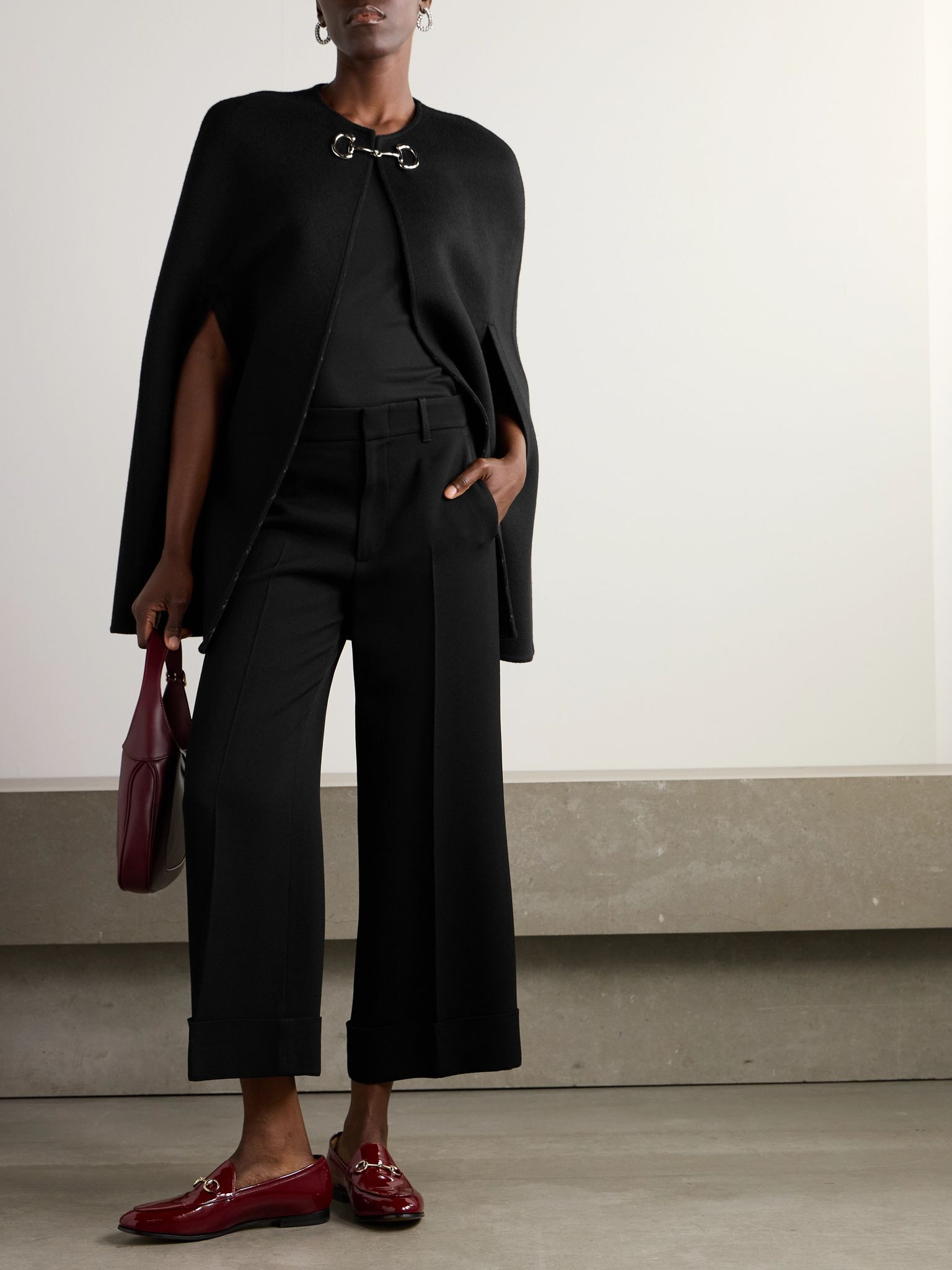 Horsebit-embellished wool and silk-blend cape Black - 2