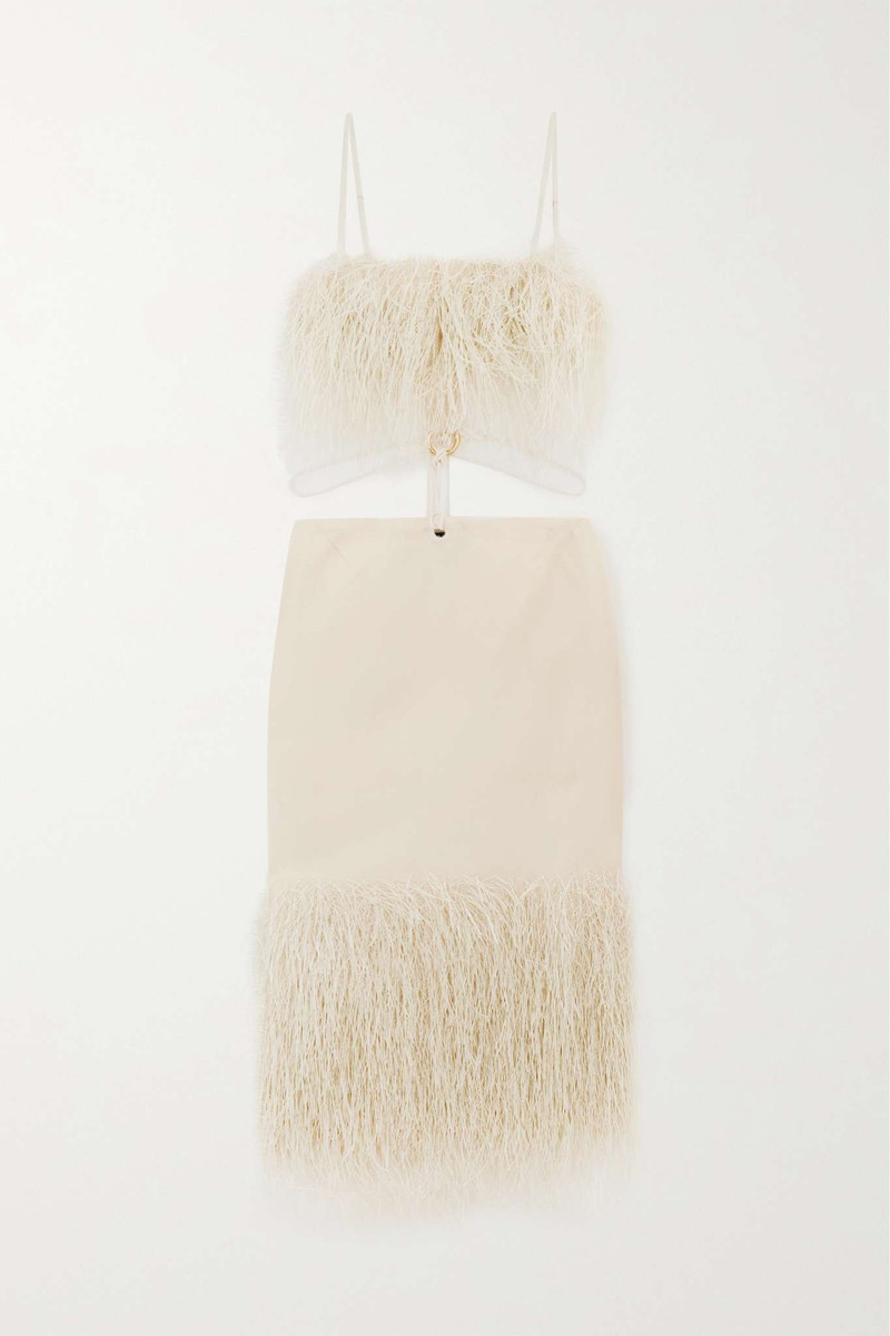 Cutout leather and raffia-trimmed cotton-blend canvas midi dress 1
