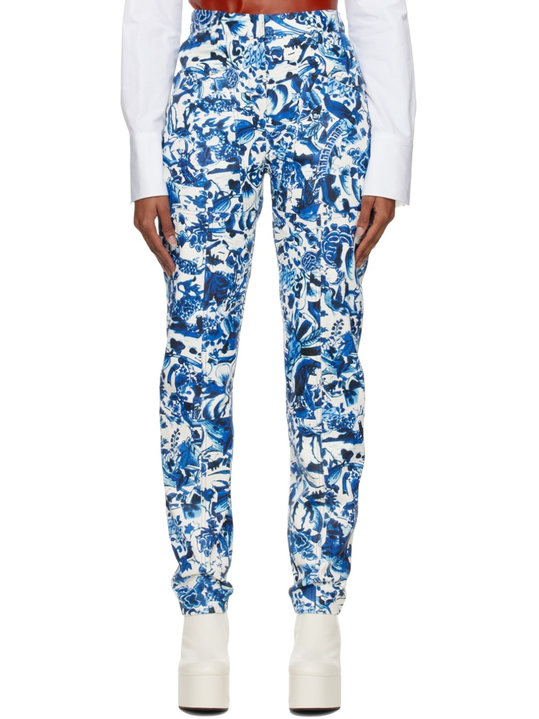 White Printed Leather Pants - 1