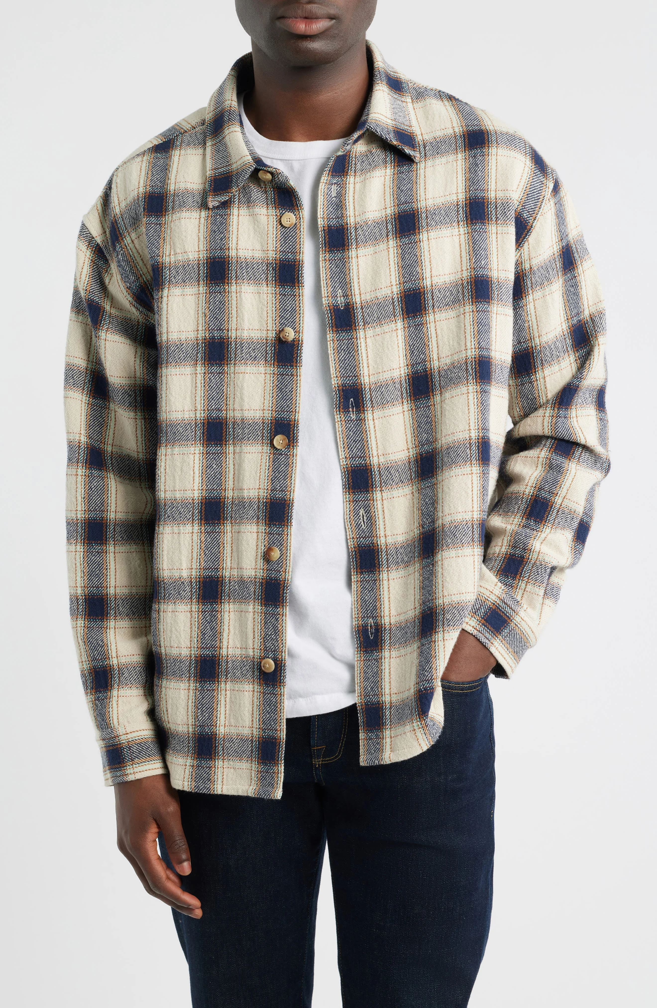 FRAME Plaid Overshirt in Cream/Navy Plaid at Nordstrom - 1