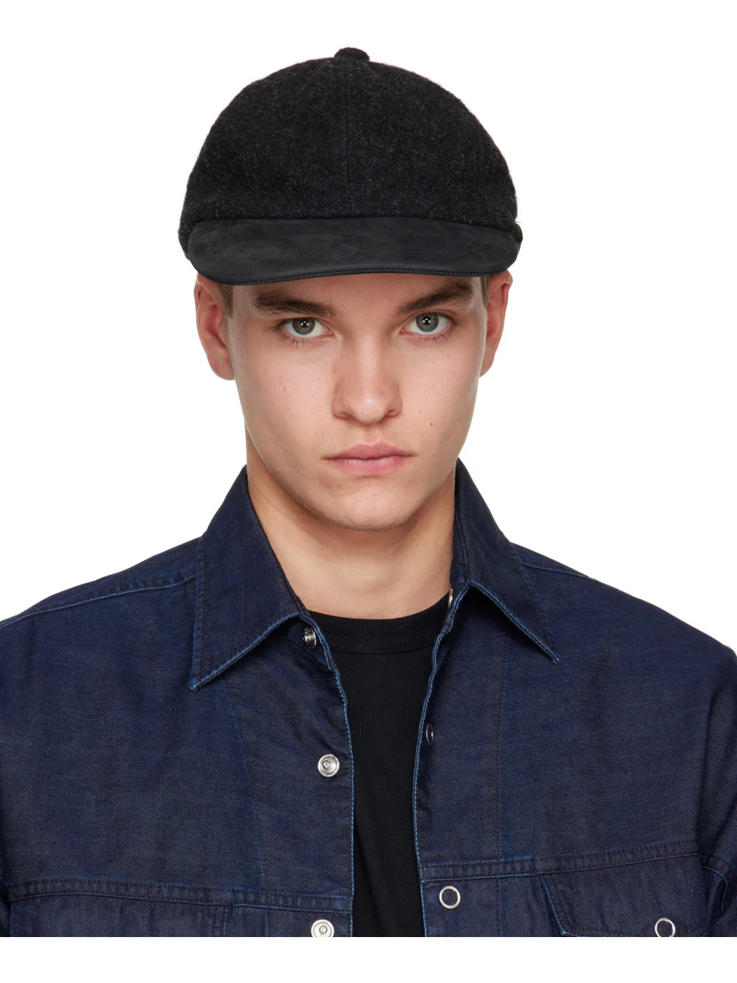 Black Wool & Leather Cap - 1