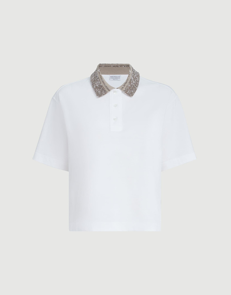 Cotton jersey polo shirt with dazzling knit collar 1