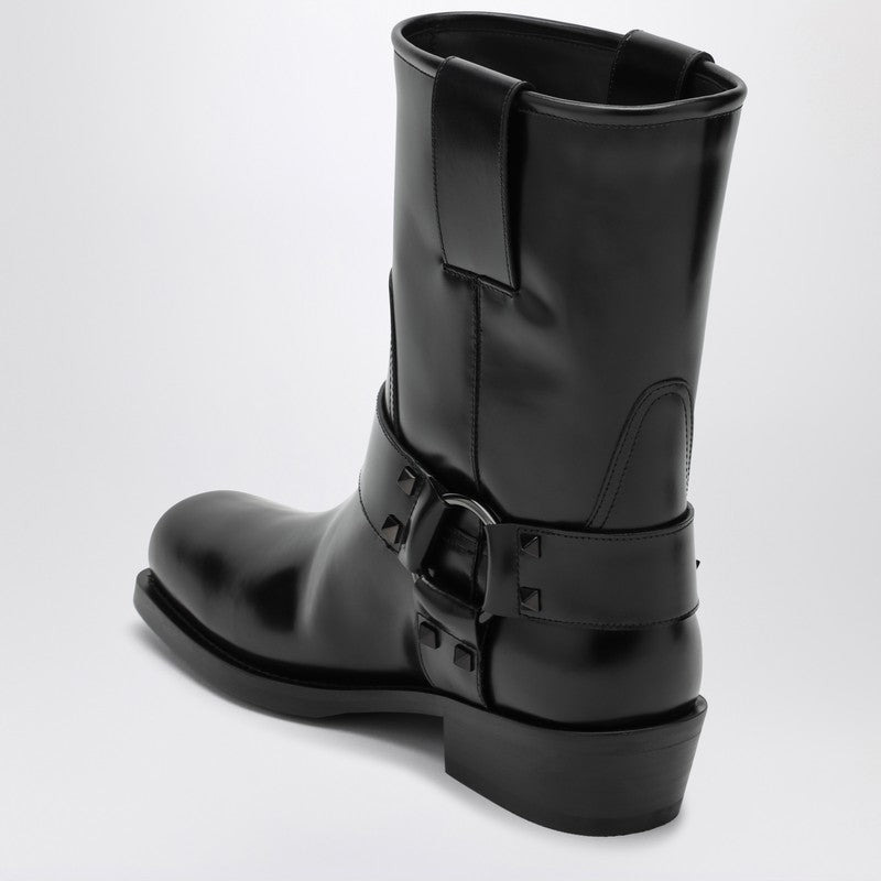 Valentino Garavani Black Leather Biker Rockstud Low Boot Women - 2