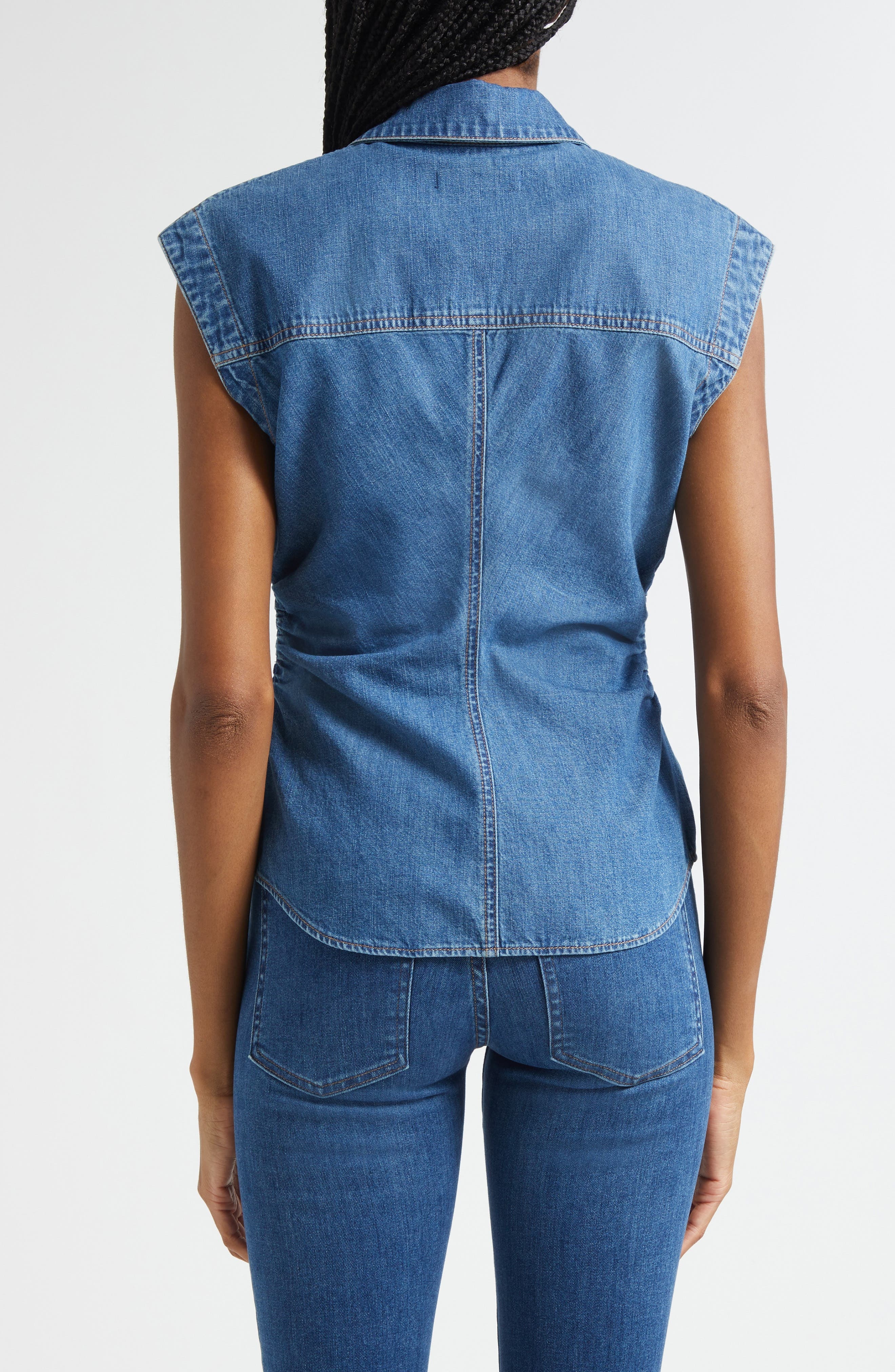 Veronica Beard Sera Center Ruched Sleeveless Denim Button-Up Shirt in Serendipity at Nordstrom - 2