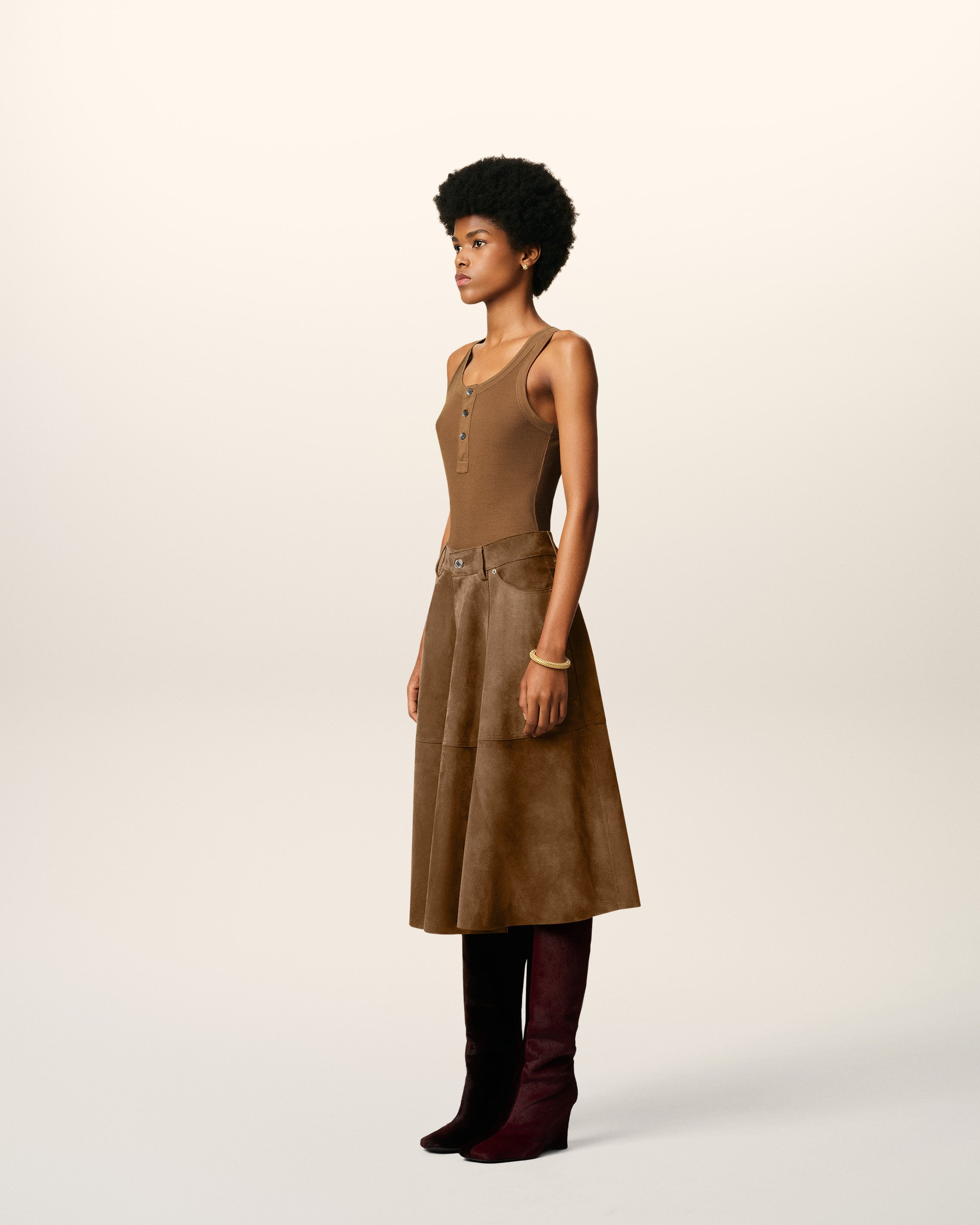 BROWN LEATHER MIDI SKIRT - 6