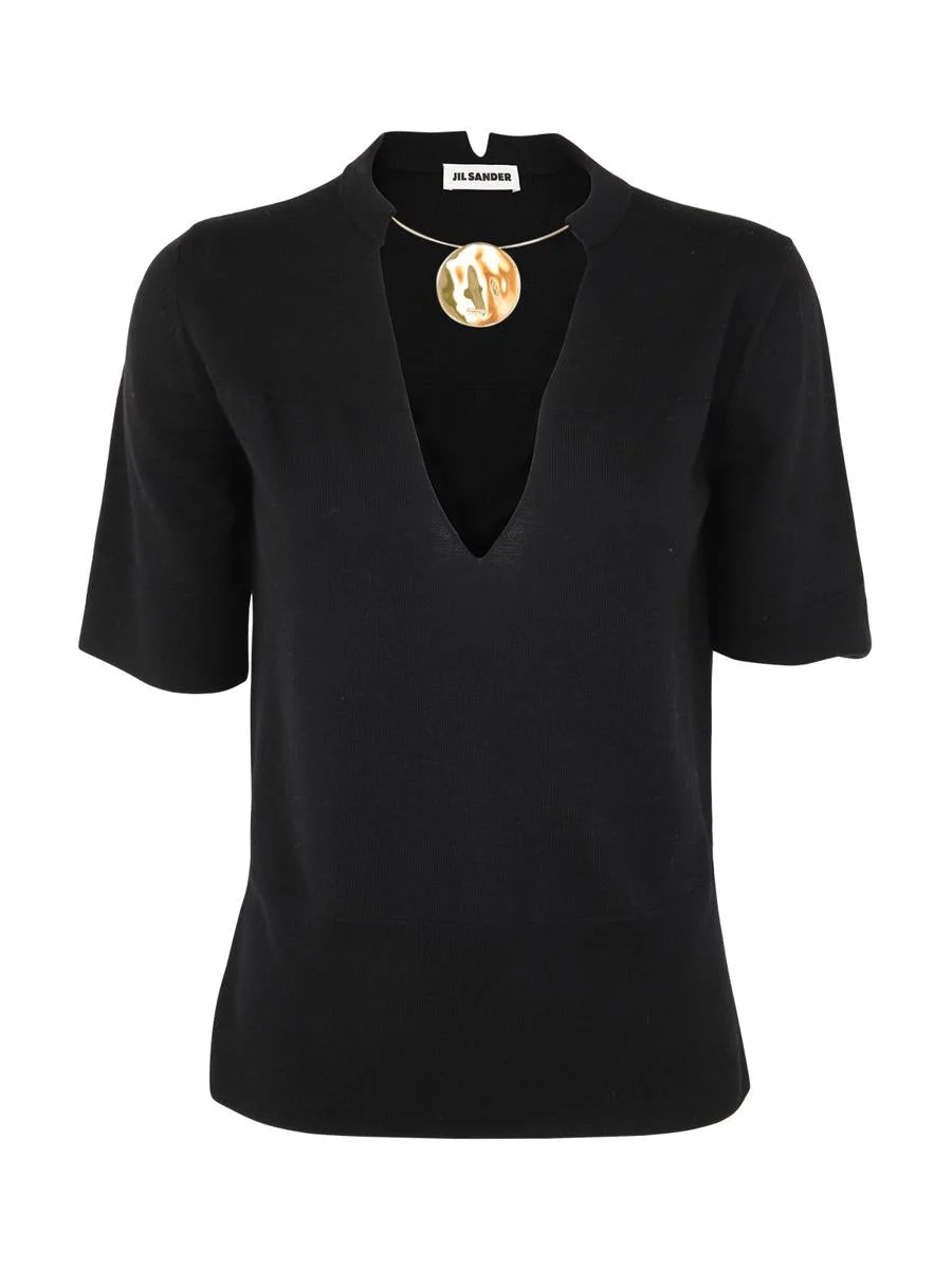 Jil Sander JIL SANDER CREW NECK SHORT SLEEVE KNIT WITH INTEGRATED JEWEL NECKLACE CLOTHING - 1