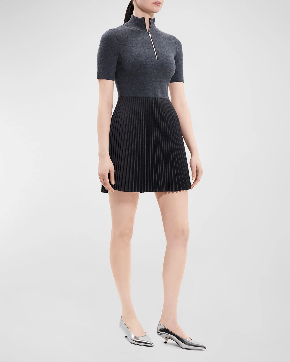 Short-Sleeve Pleated Knit Combo Mini Dress - 1