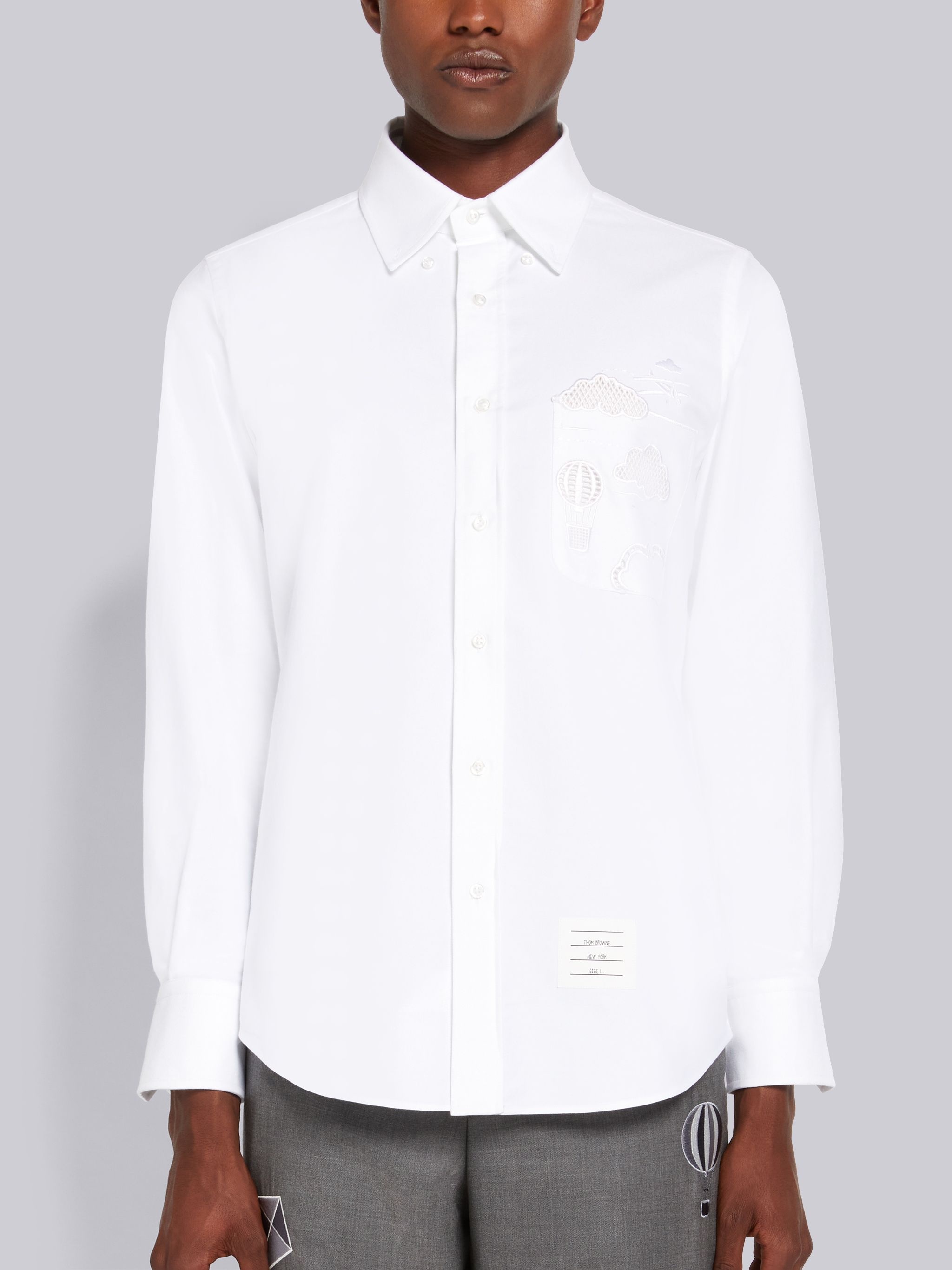 White Broderie Anglaise Sky Motif Pocket Straight Fit Shirt - 3