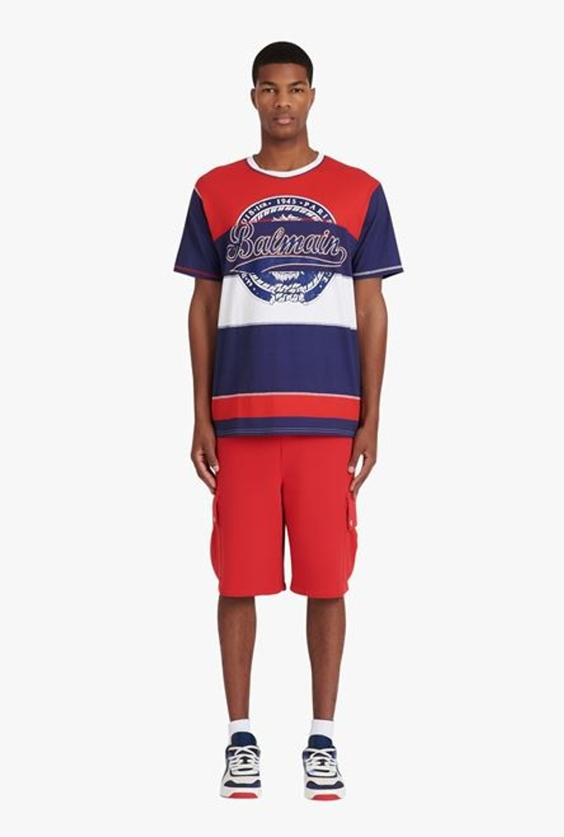 HIGH SUMMER CAPSULE - Blue, red and white cotton T-shirt with Balmain Paris logo print 4