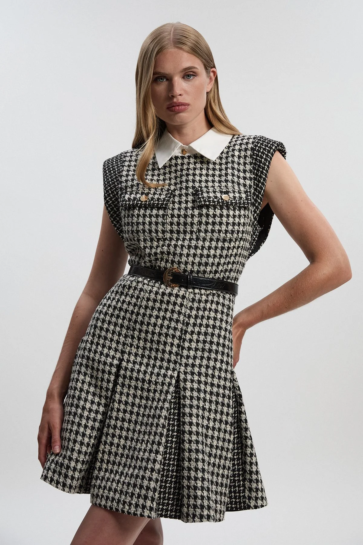 Tall Textured Tweed Contrast Collar Pleated Tailored Mini Dress - 1