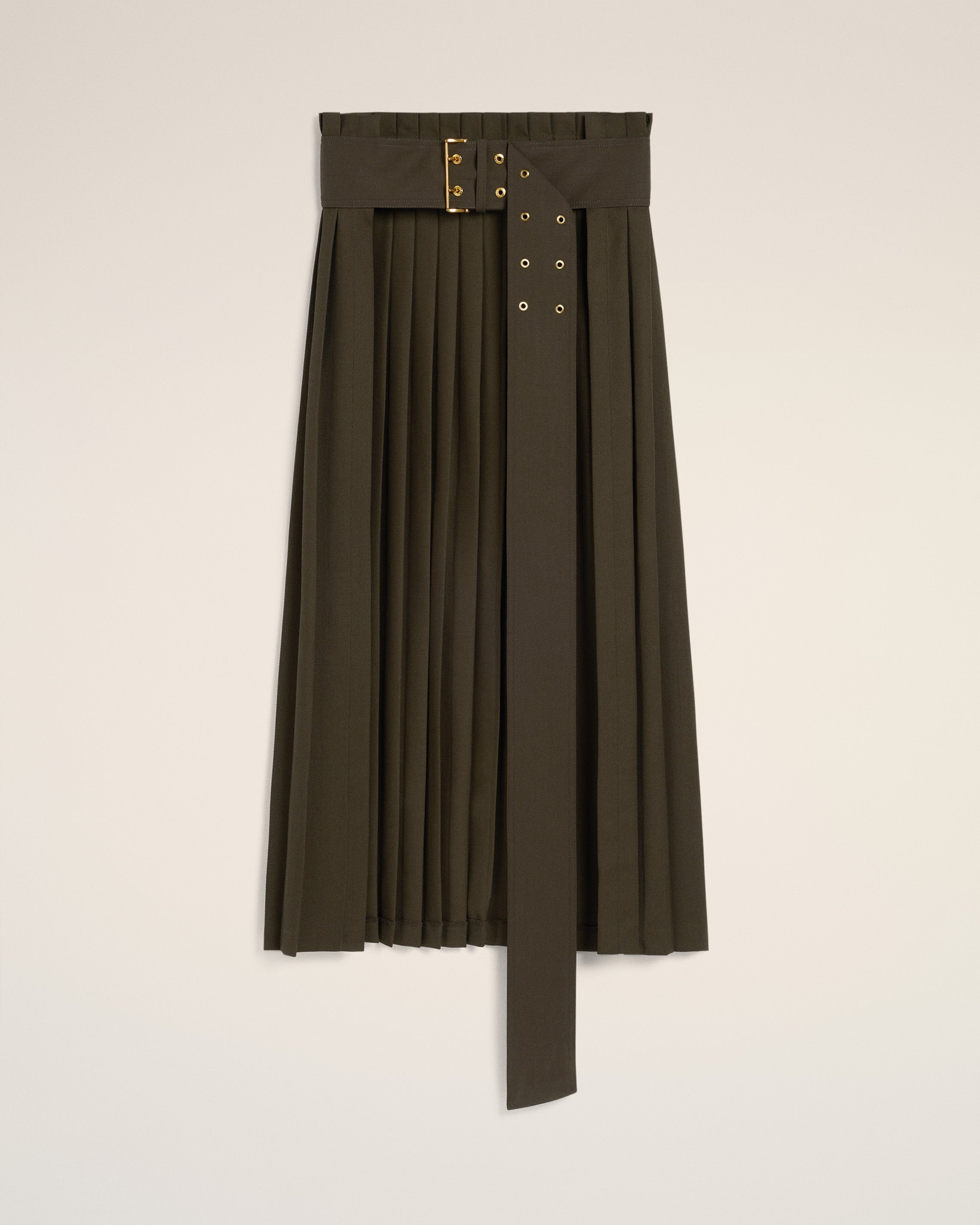 GREEN WOOL TWILL BELTED PLEATED SKIRT - 2