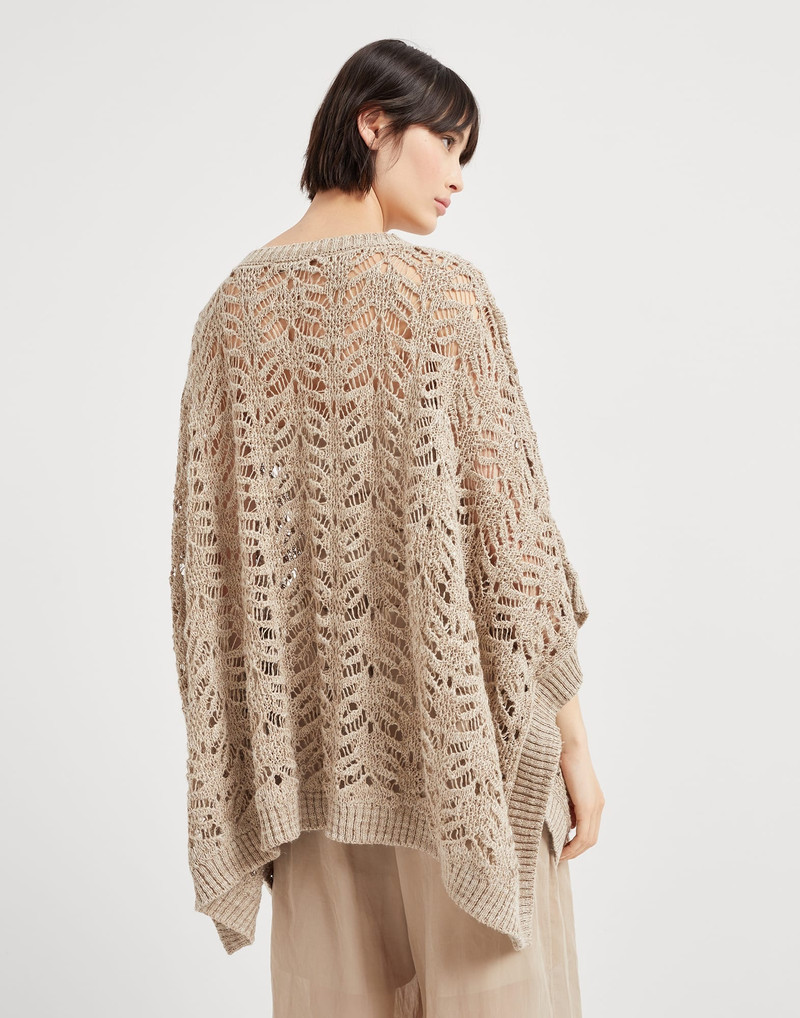 Brunello Cucinelli Foliage lace knit poncho in linen and silk Diamond yarn outlook