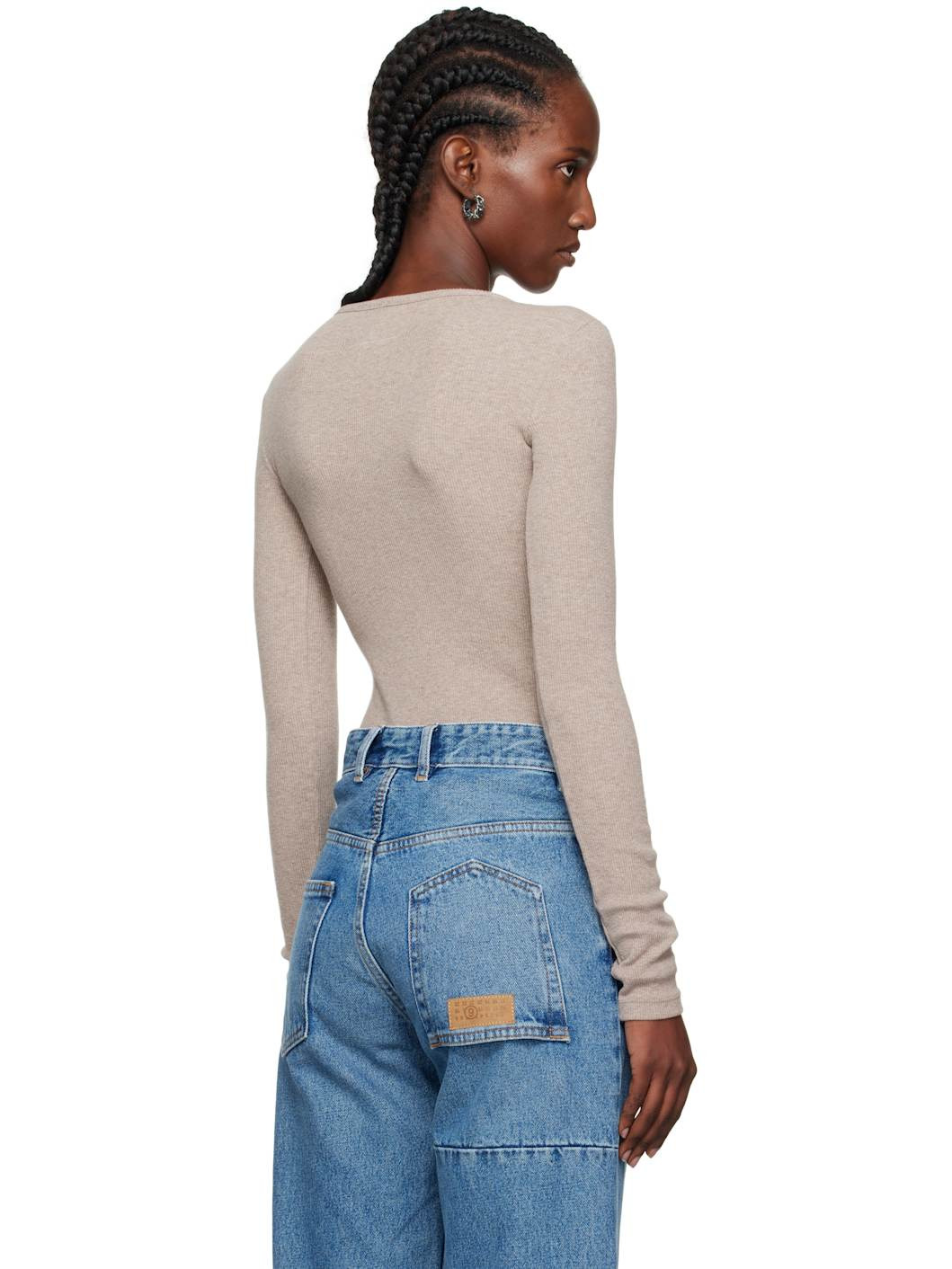 Taupe Wool-Blend Rib Jersey Long-Sleeved T-shirt - 3
