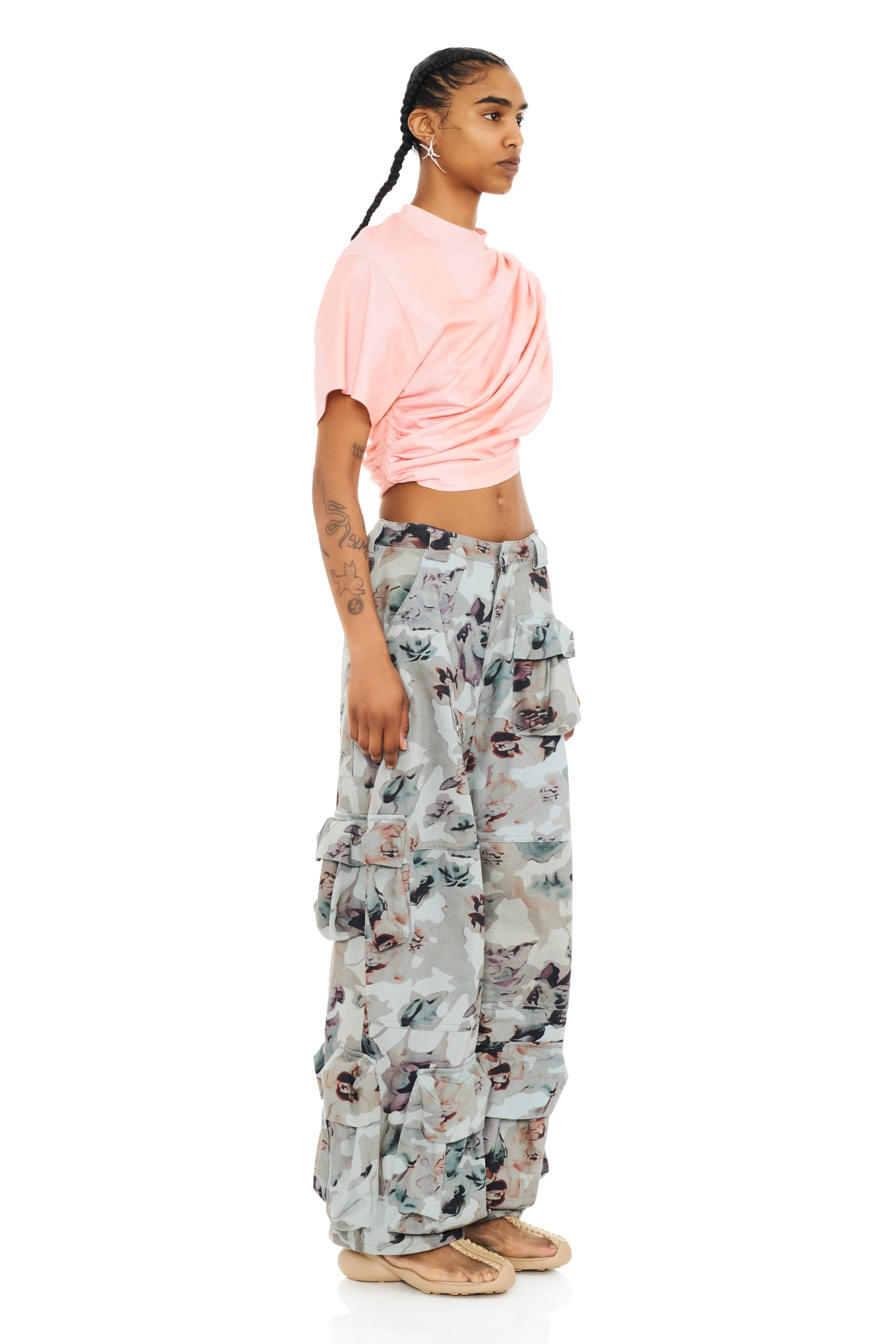 BEIGE WATERCOLOR ROSES GARDEN CARGO PANT - 8