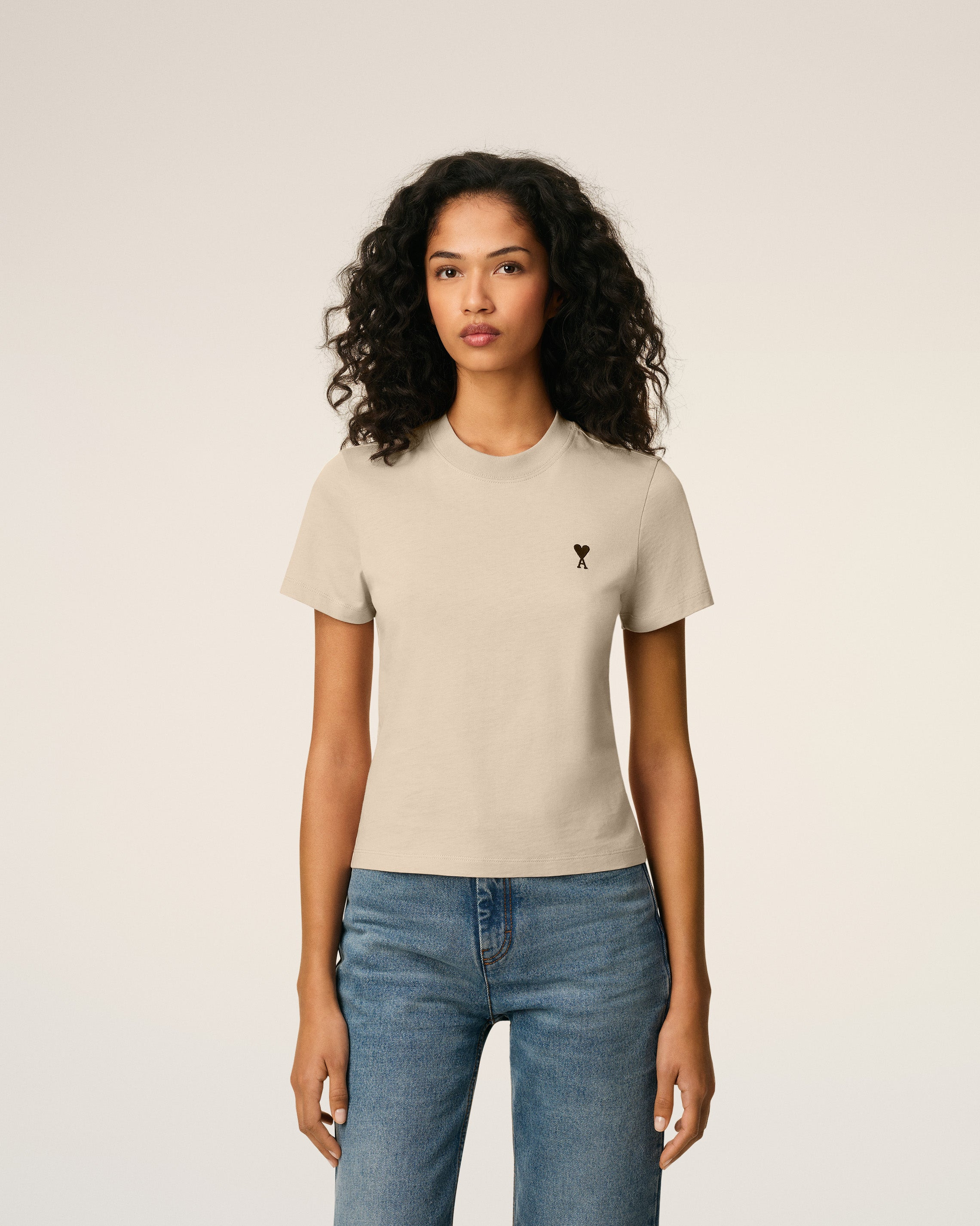 BEIGE COTTON CROPPED AMI DE COEUR T-SHIRT - 3