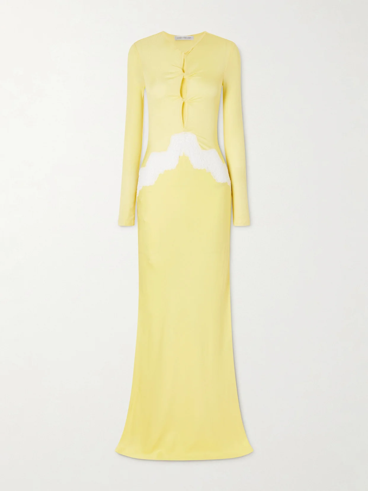 Twisted-front Cutout Lace-trimmed Ribbed-knit And Crepe Gown - 1