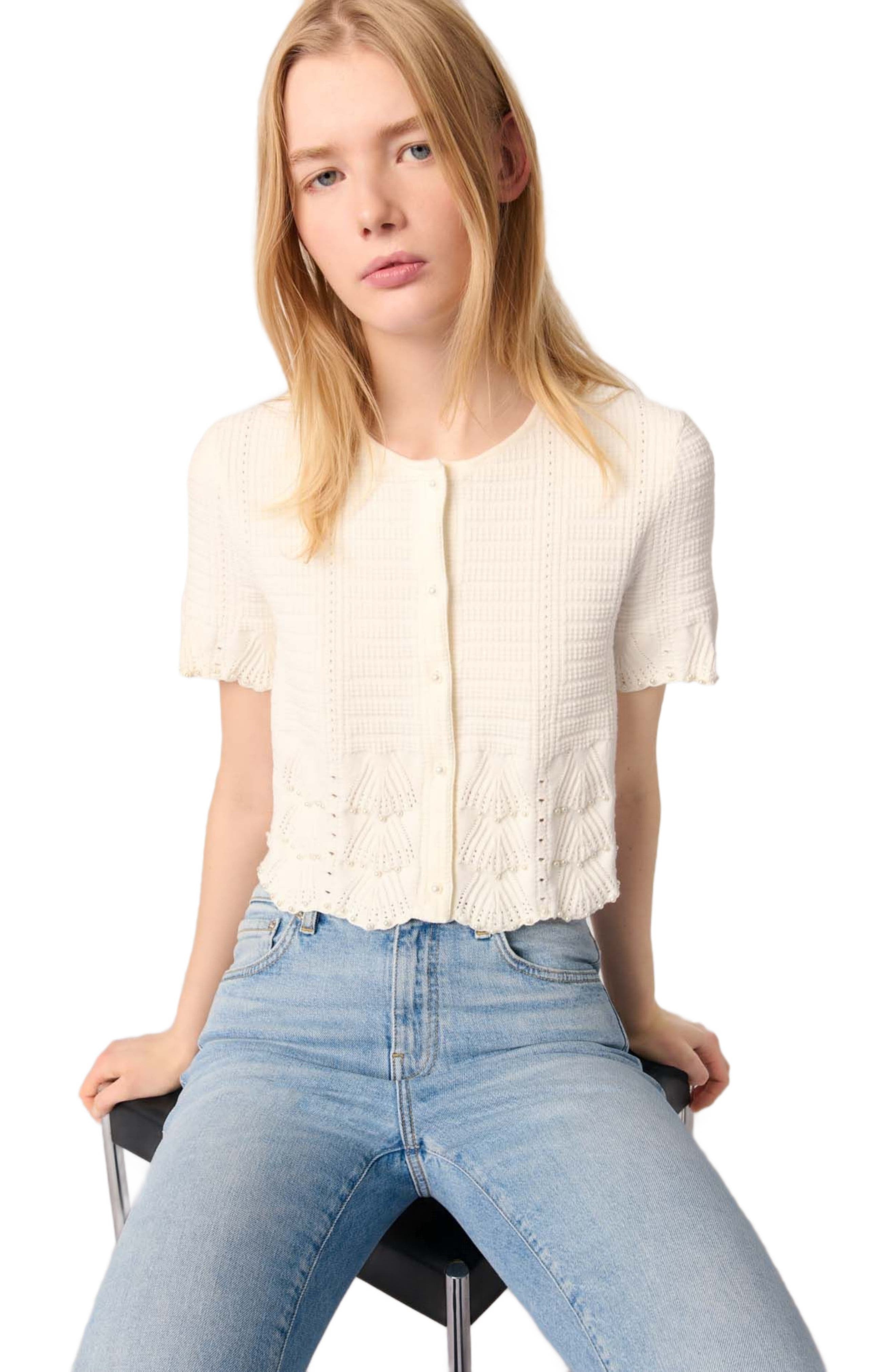 maje Beaded pointelle knit cardigan in White at Nordstrom - 7