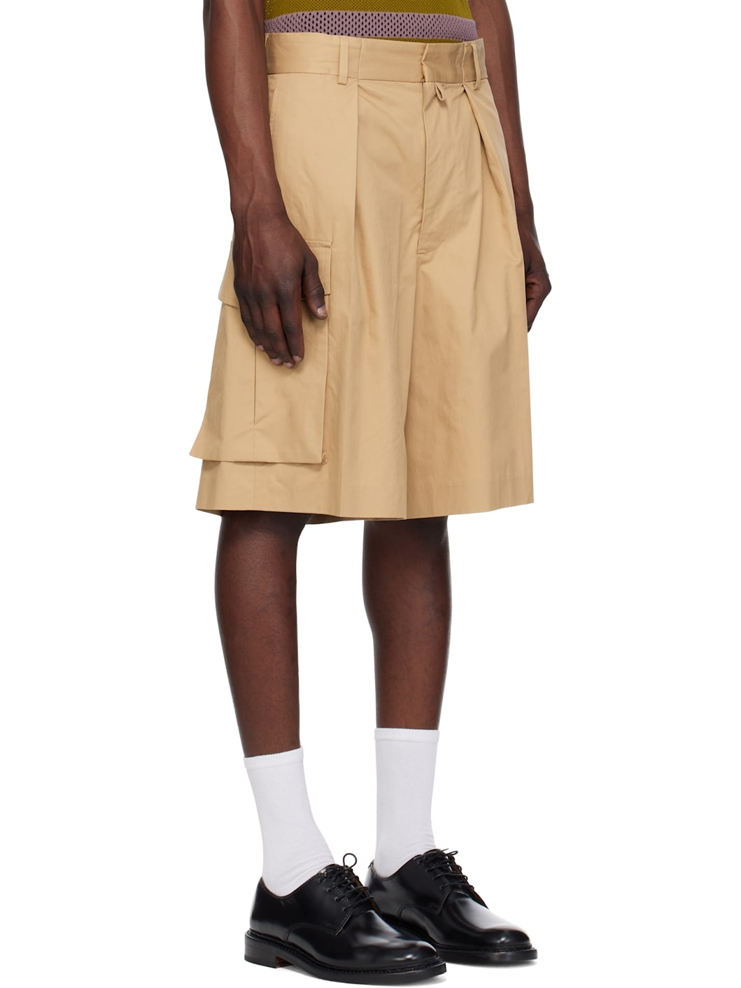 Beige Pleated Cargo Shorts - 2