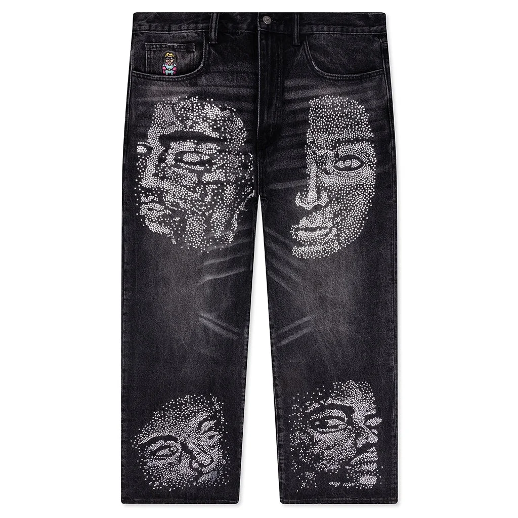 RHINESTONE FACE JEANS - BLACK - 1