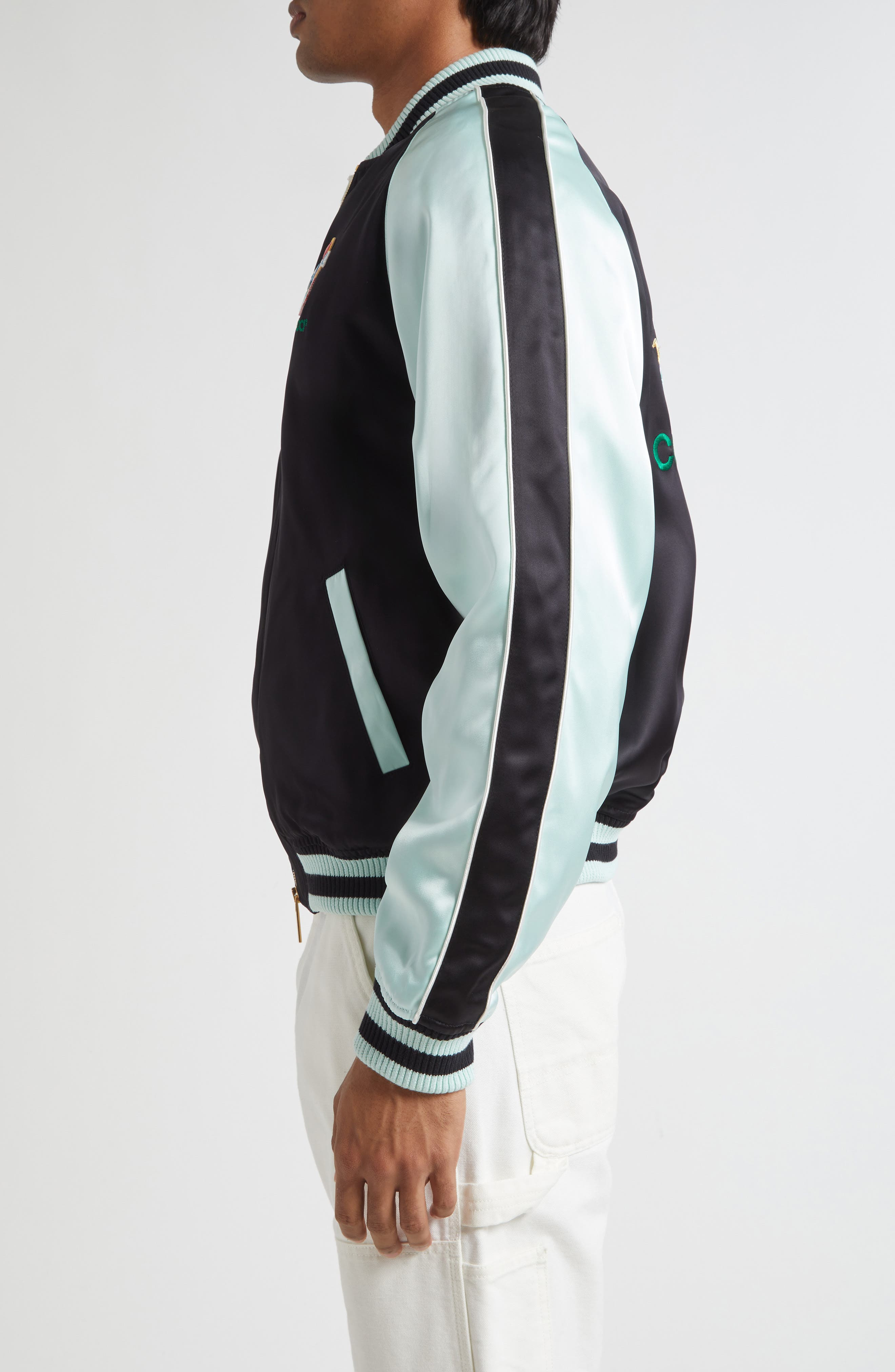 Casablanca Embroidered Satin Bomber Jacket in Black at Nordstrom - 3