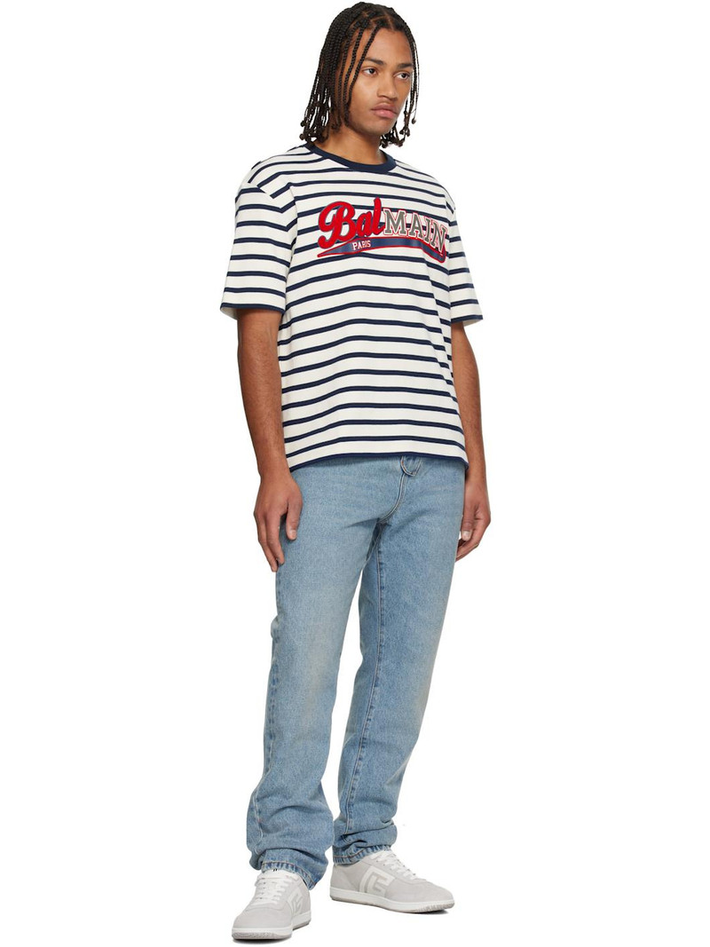 Balmain White & Navy Marinière Baseball Logo T-shirt outlook