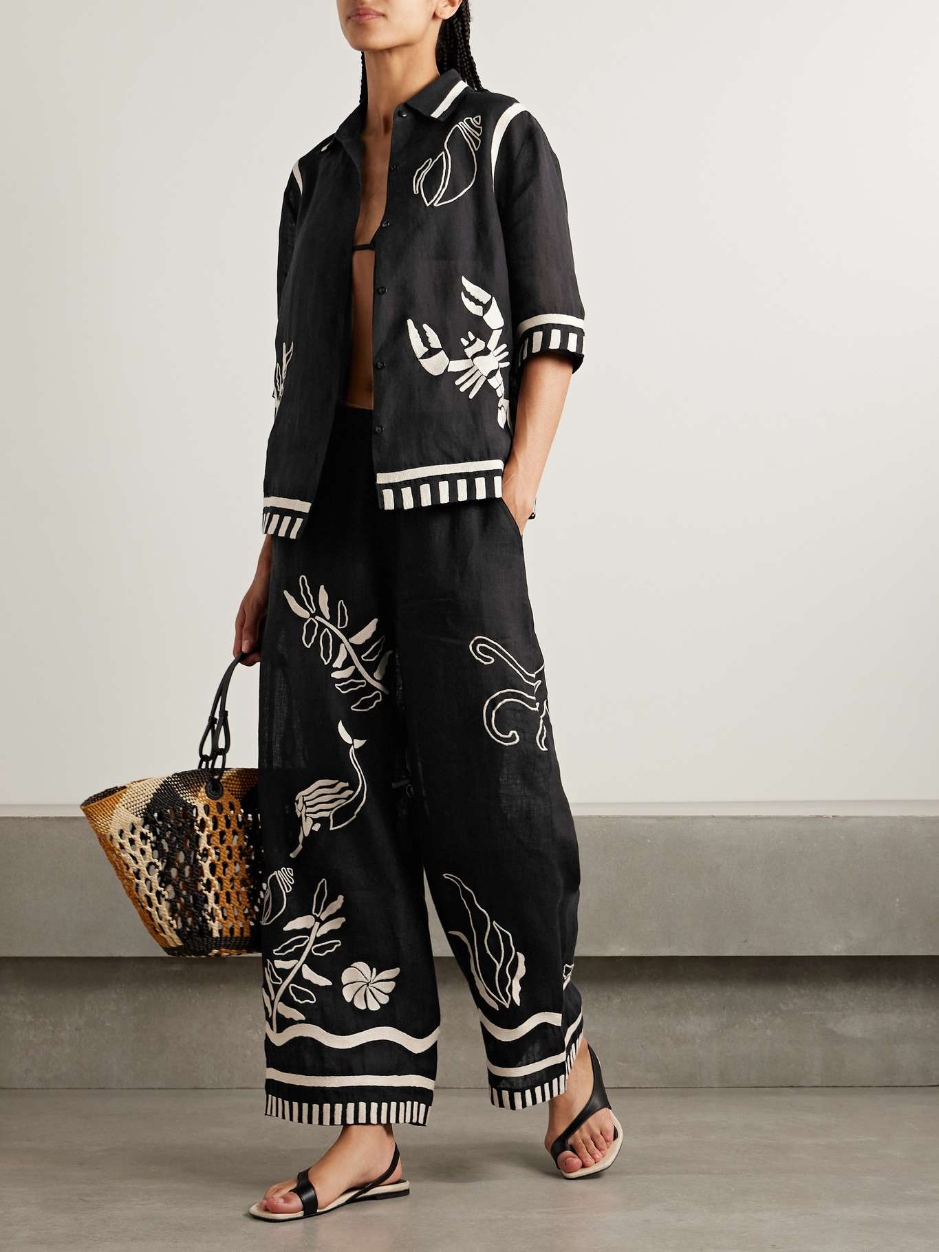 Mermaid Octopus embroidered linen wide-leg pants Black - 2