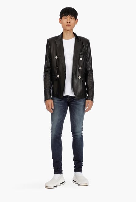 Black leather blazer with double-breasted buttoned fastening - 2
