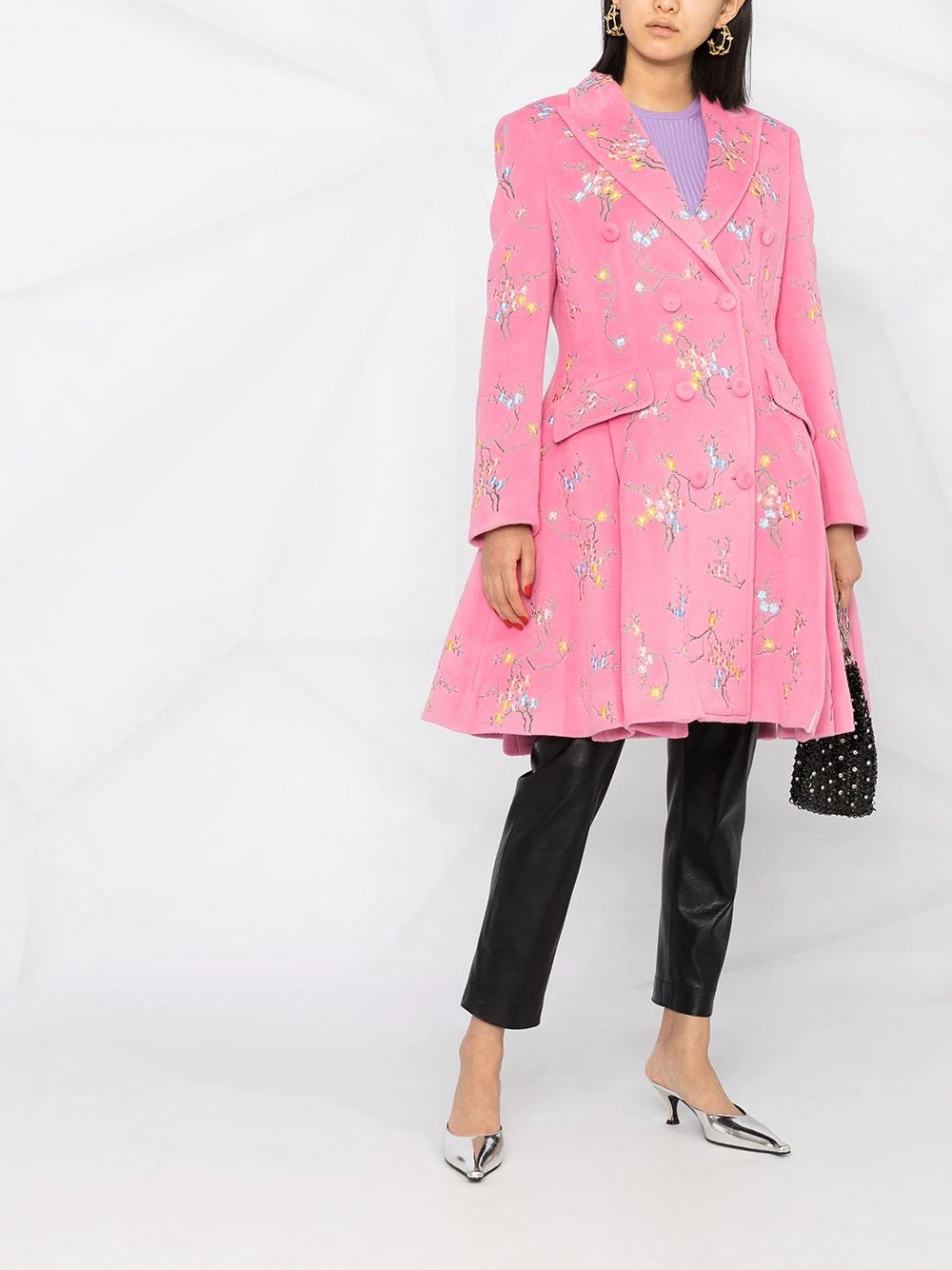 floral-embroidered flared coat - 2